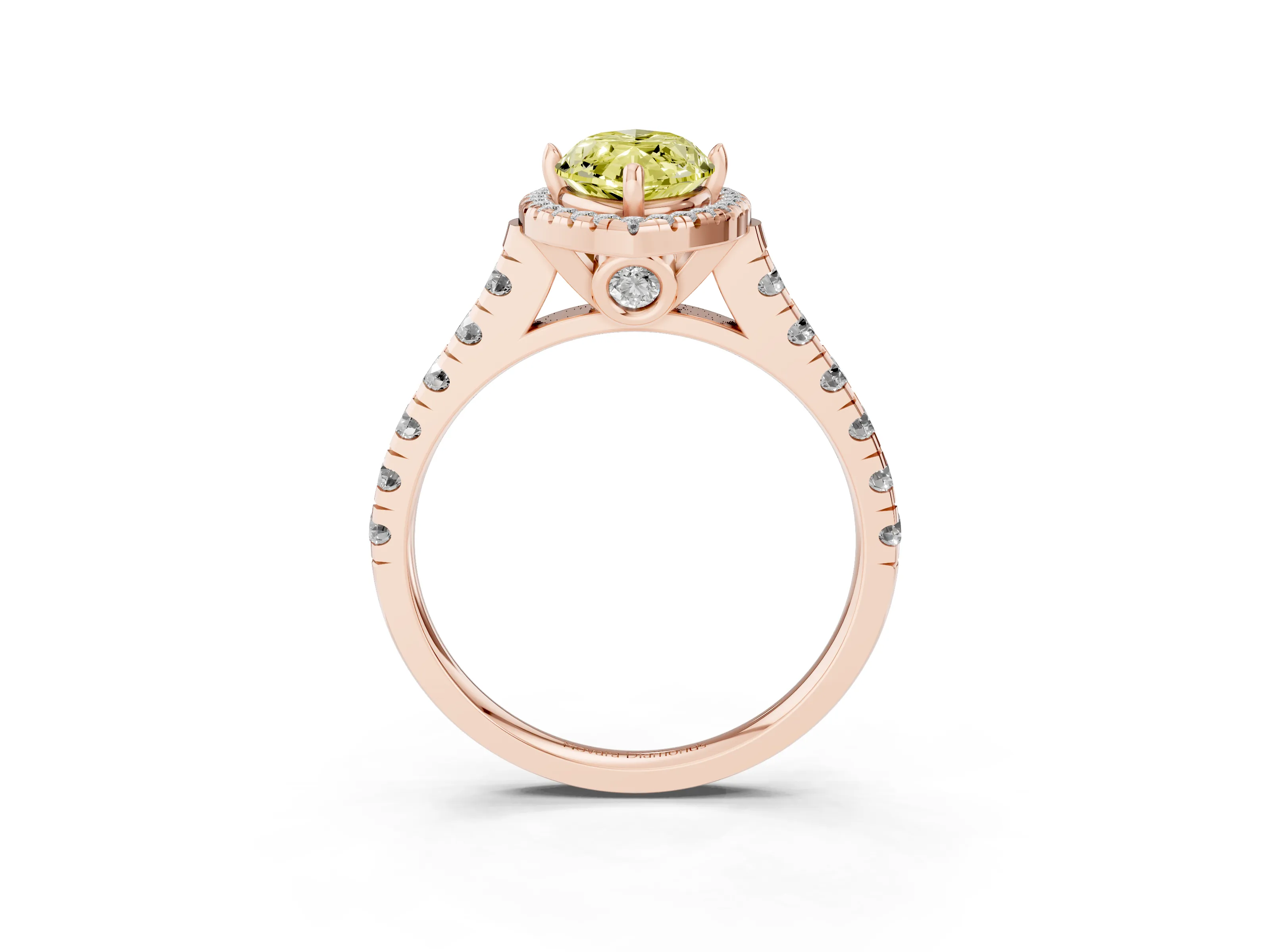 Fancy Yellow Marquise Cut Diamond Halo Engagement Ring Set in Rose gold with Pavé Band and Prong-Set Center