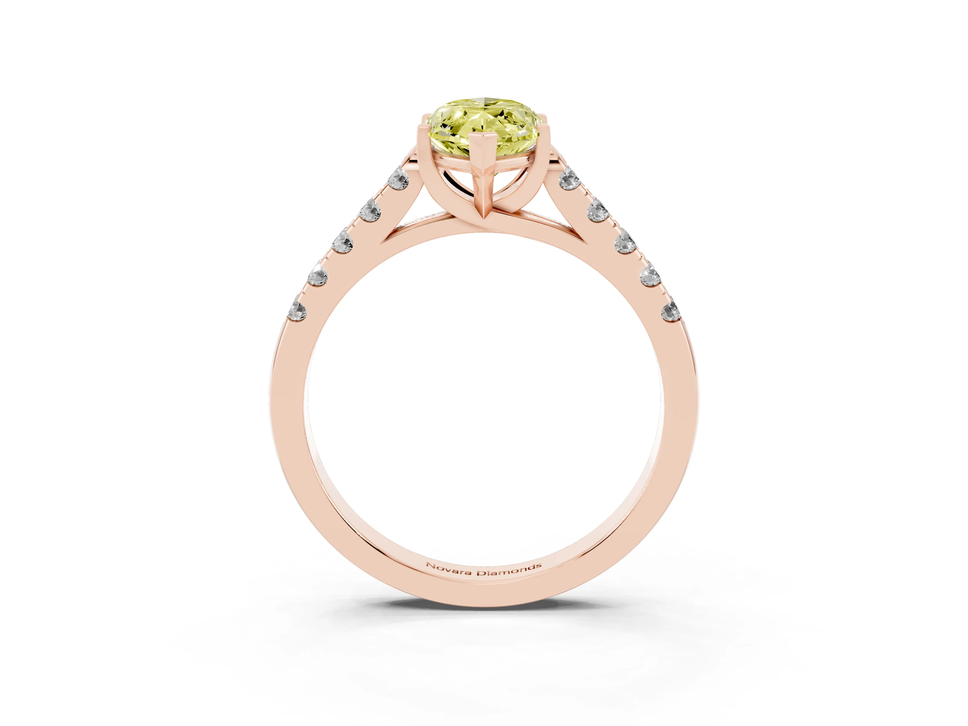 Fancy Yellow Marquise Cut Diamond Pavé Band Solitaire Ring Set in Rose gold with Partway Accent Stones and Prong Setting