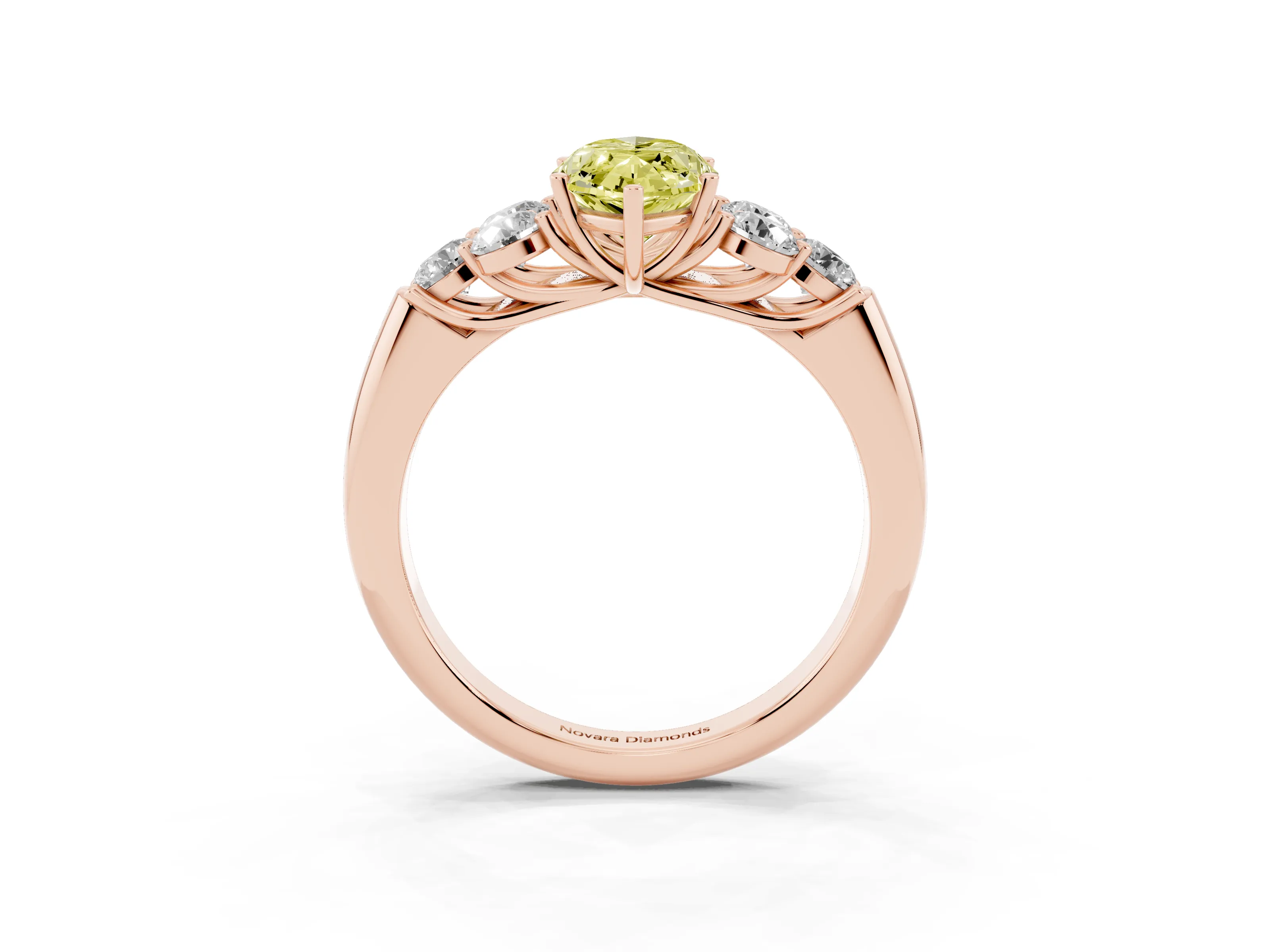 Fancy Yellow Marquise Cut Diamond Cluster Ring Set in Rose gold with Round Accent Stones and Prong Setting on a Plain Band