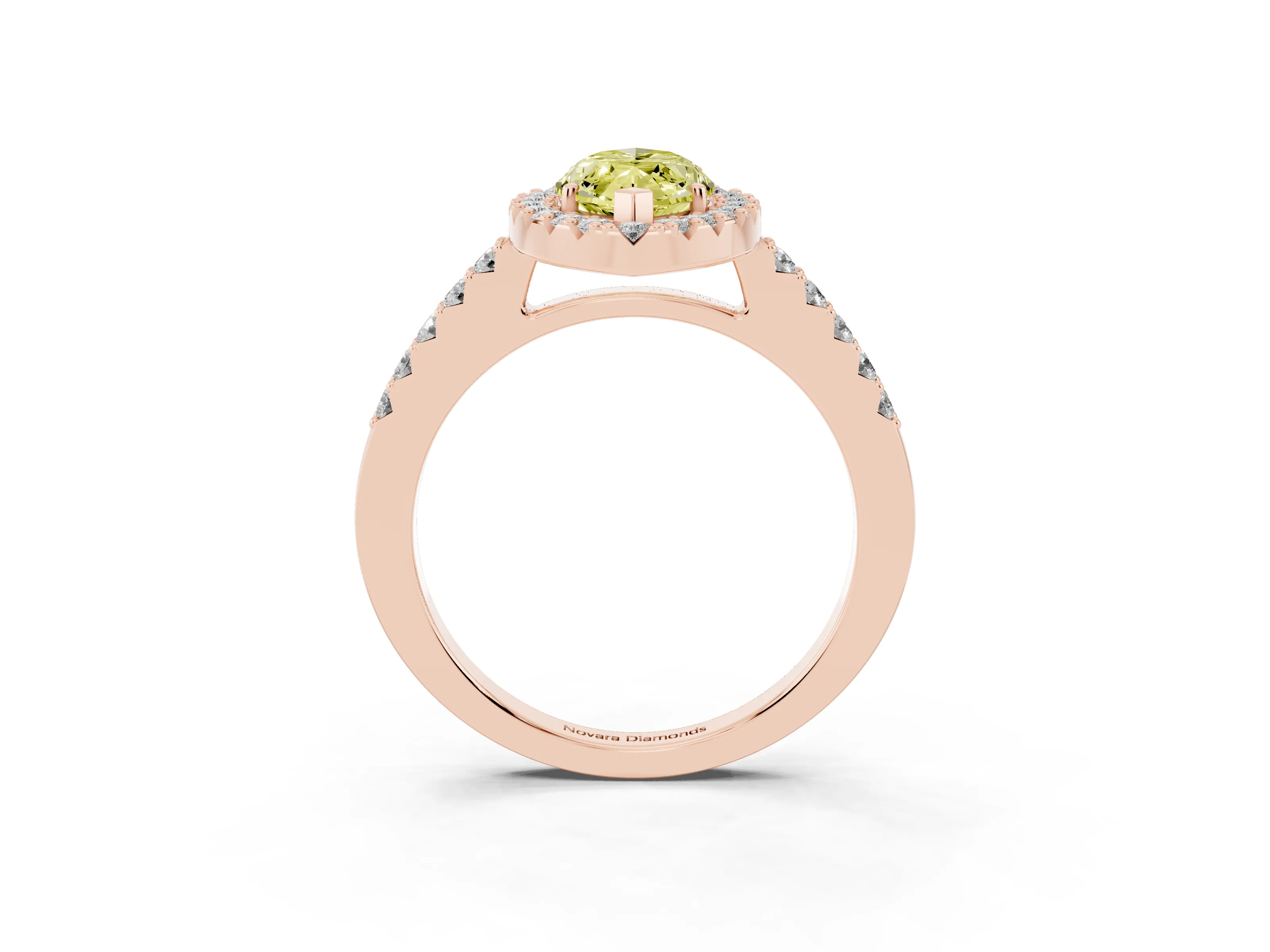 Fancy Yellow Marquise Cut Diamond Halo Pavé Solitaire Ring Set in Rose gold with Prong-Set Center Stone