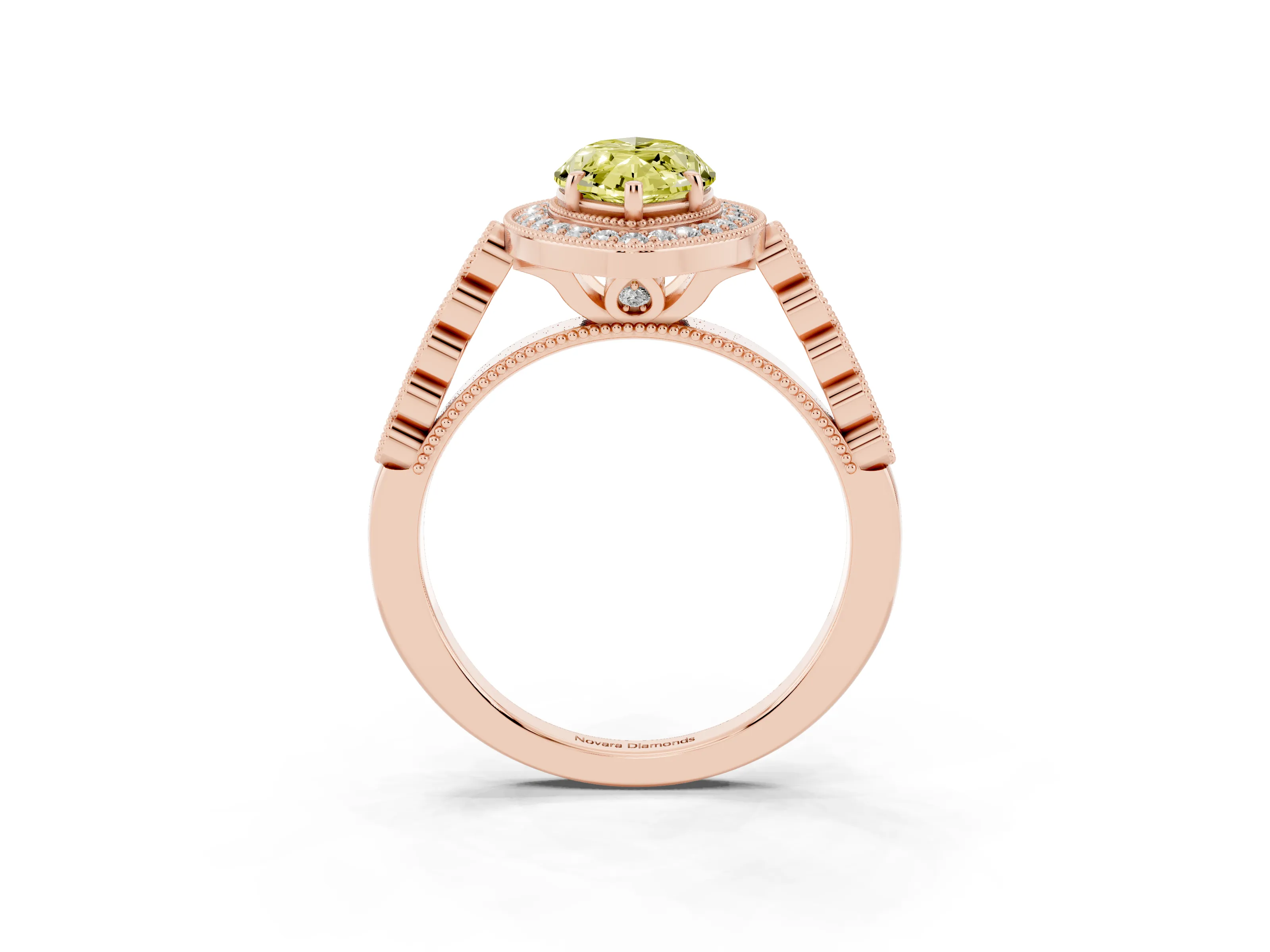 Fancy Yellow Marquise Cut Diamond Milgrain Halo Solitaire Ring Set in Rose gold with Bezel Set Side Stones and Pavé Band