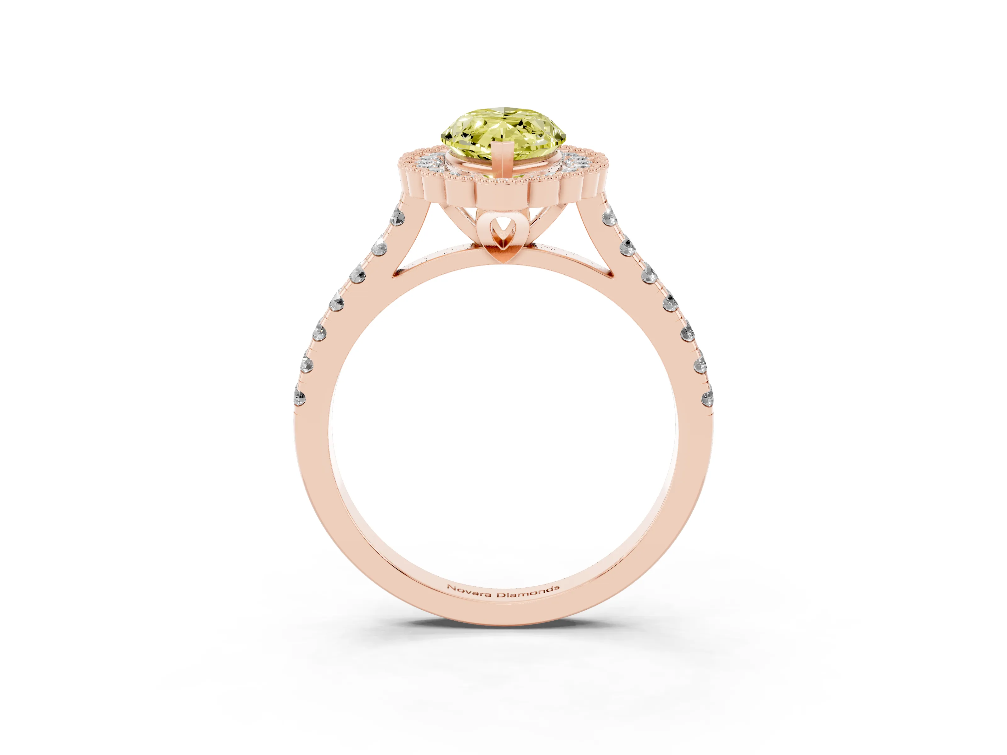 Fancy Yellow Marquise Cut Diamond Milgrain Floral Halo Engagement Ring Set in Rose gold with Pavé Band