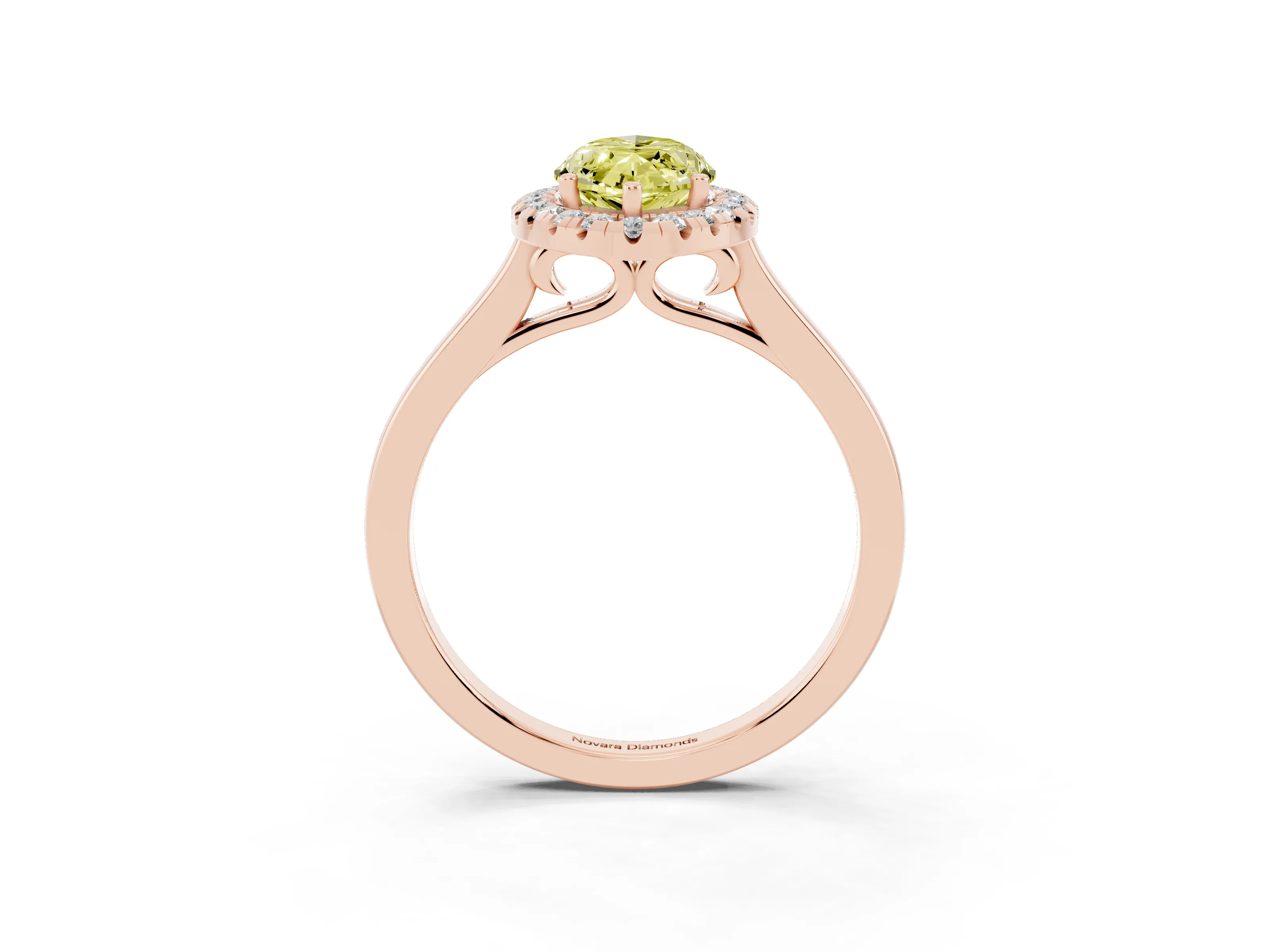 Fancy Yellow Marquise Cut Halo Round Diamond Solitaire Ring Set in Rose gold with Pavé Band and Prong Setting