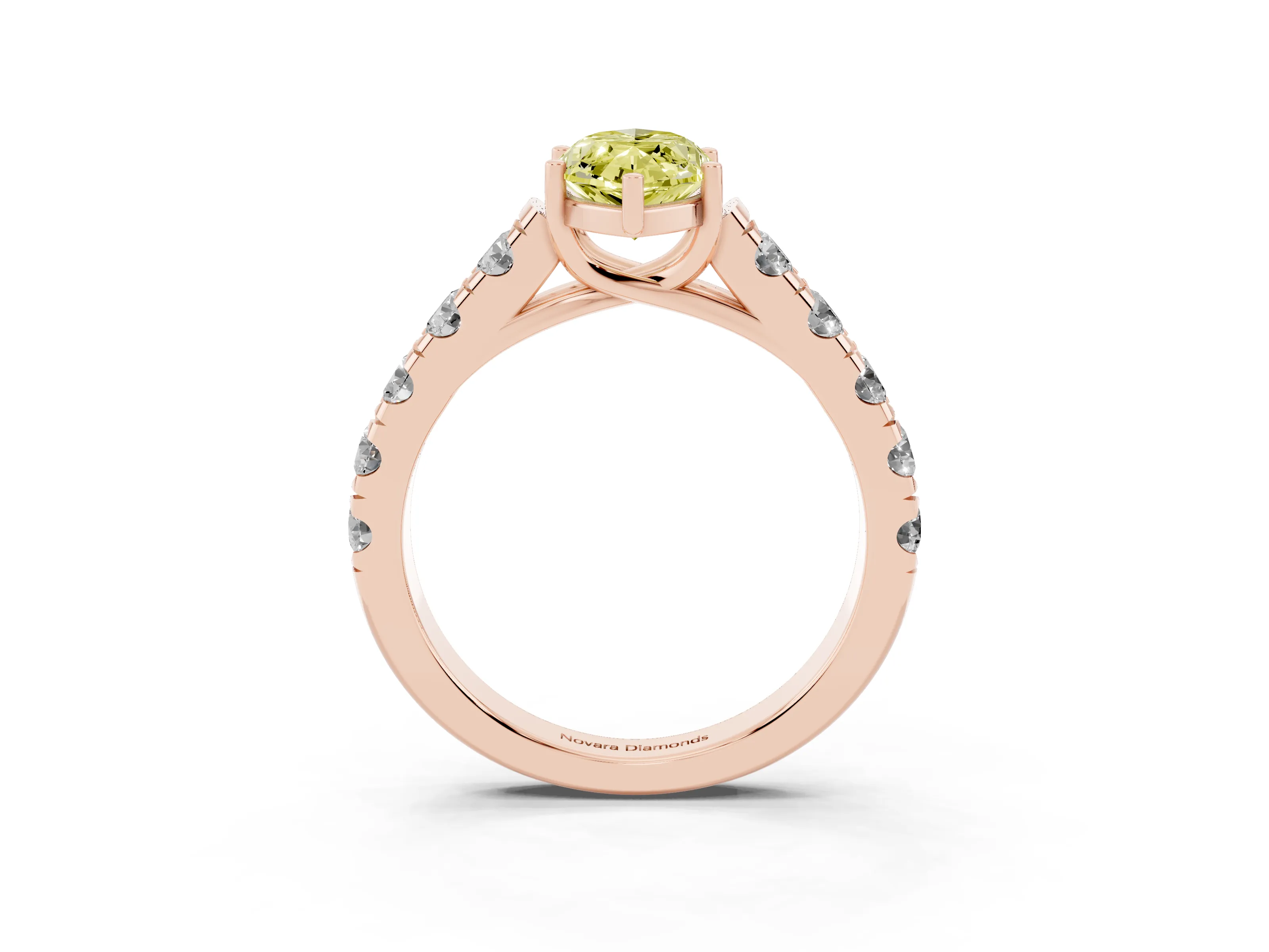 Fancy Yellow Marquise Cut Diamond Solitaire Ring Set in Rose gold with Cut-Down Micro Pavé Band and Prong Setting