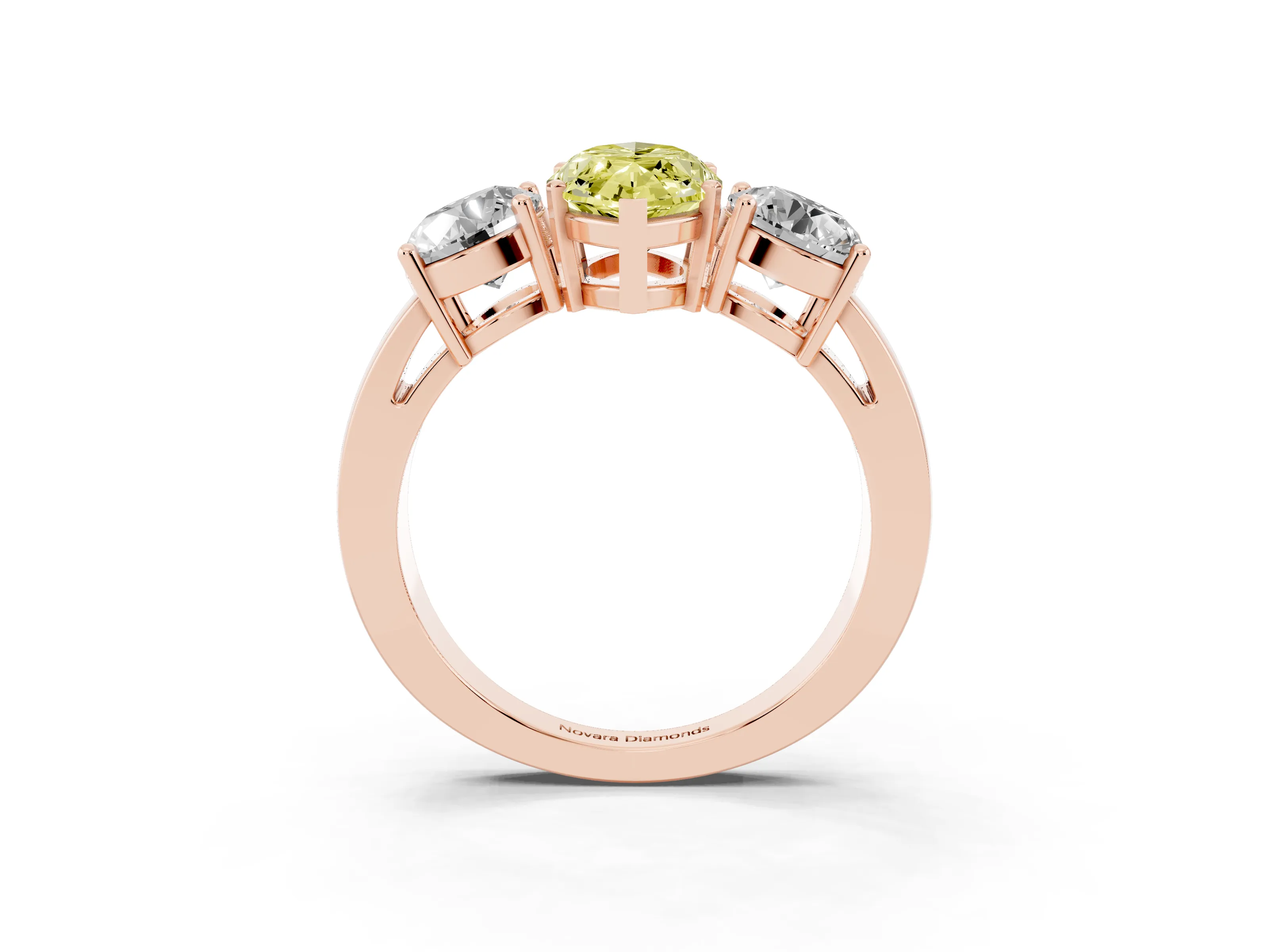 Fancy Yellow Marquise Cut Diamond Three-Stone Ring Set in Rose gold with Round Side Stones and Classic Band