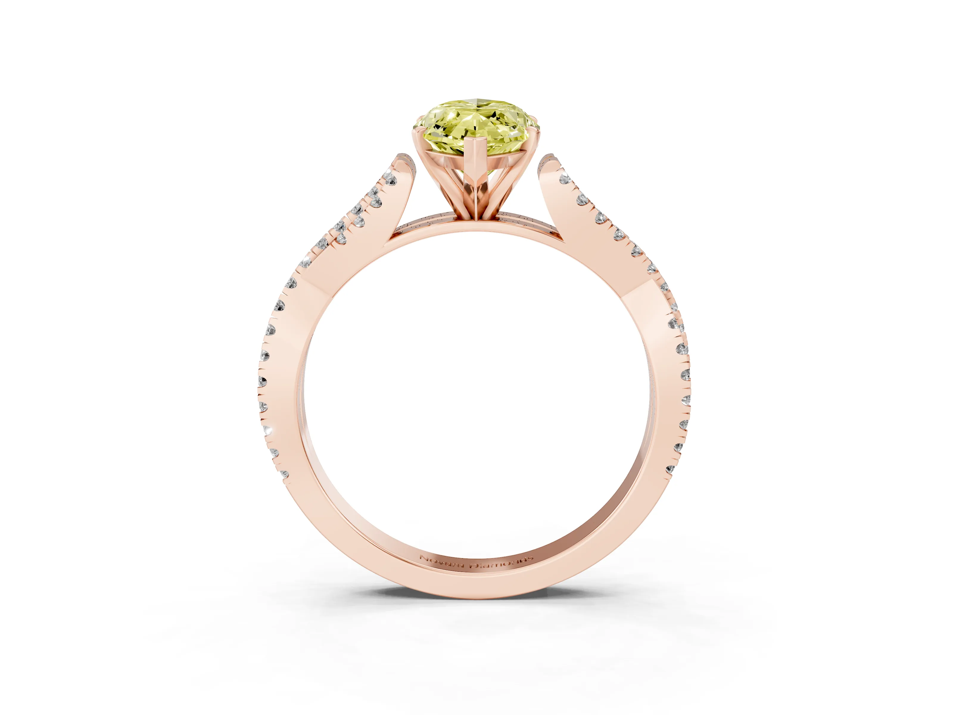 Fancy Yellow Marquise Cut Diamond Solitaire Engagement Ring Set in Rose gold with Twisted Pavé Band and Prong Setting