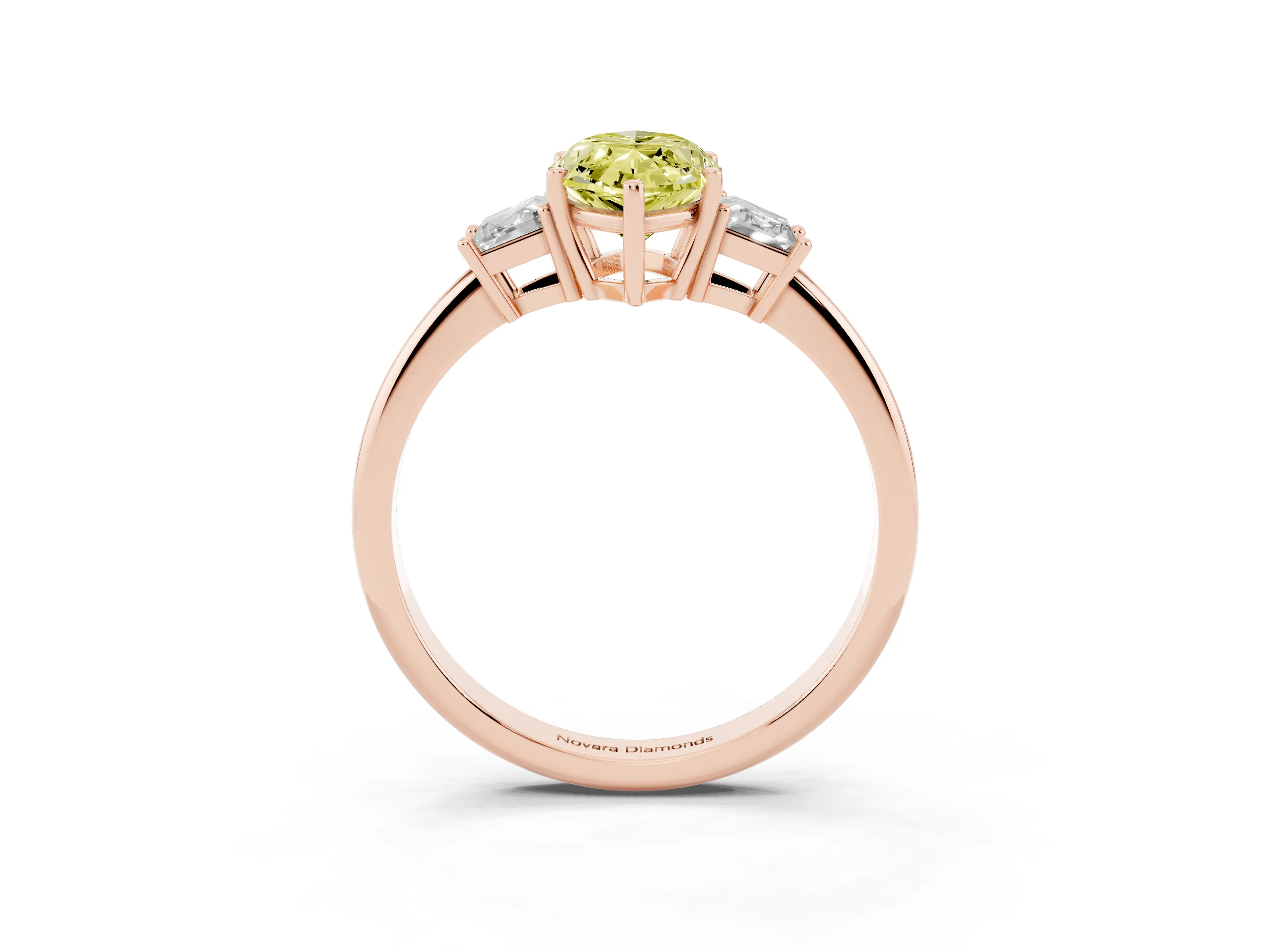 Fancy Yellow Marquise Cut Diamond Three-Stone Ring Set in Rose gold with Trapezoid Side Stones and Prong Setting