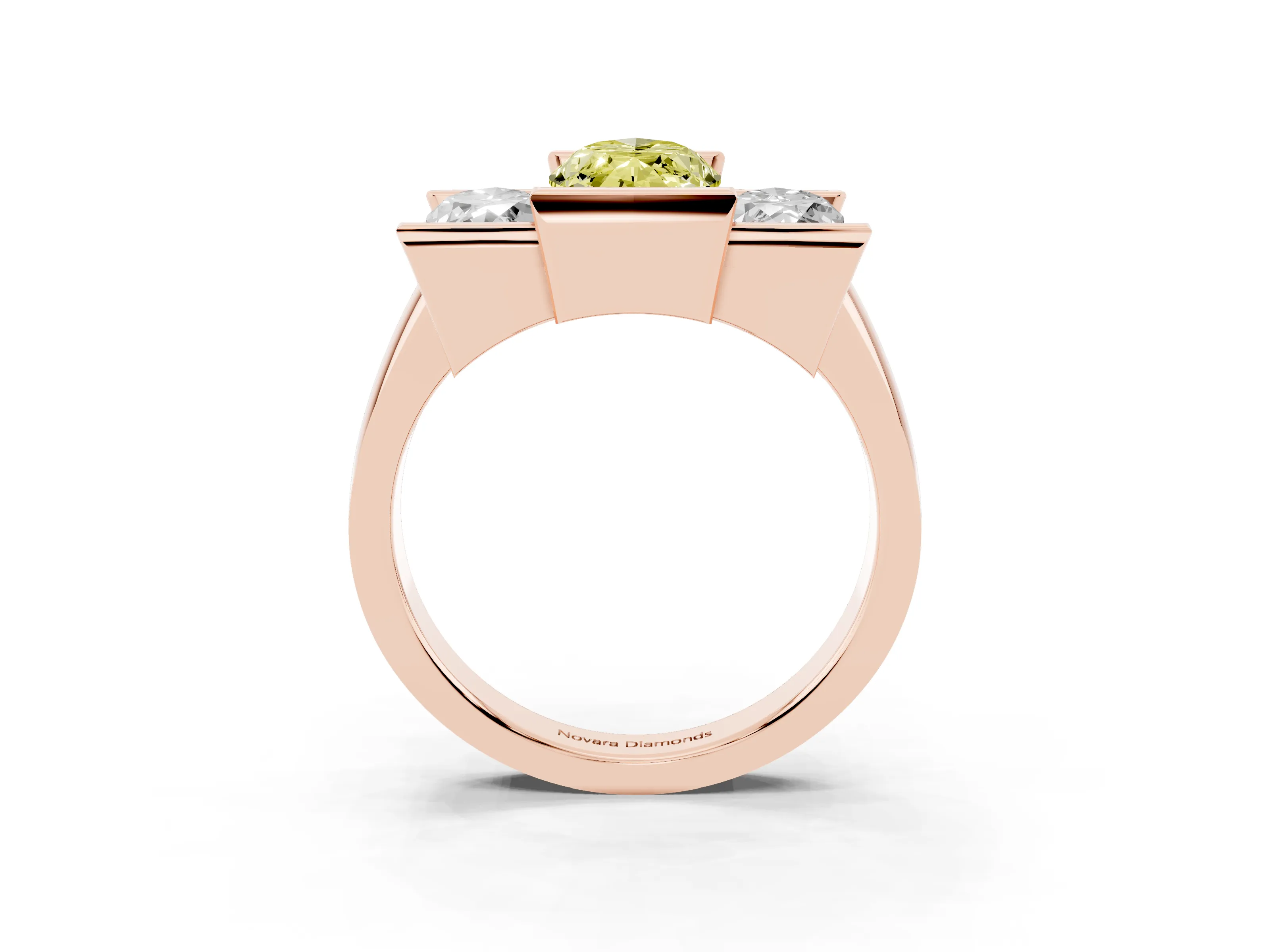 Fancy Yellow Marquise Cut Diamond Three-Stone Channel Set Ring Set in Rose gold with Smooth Polished Band
