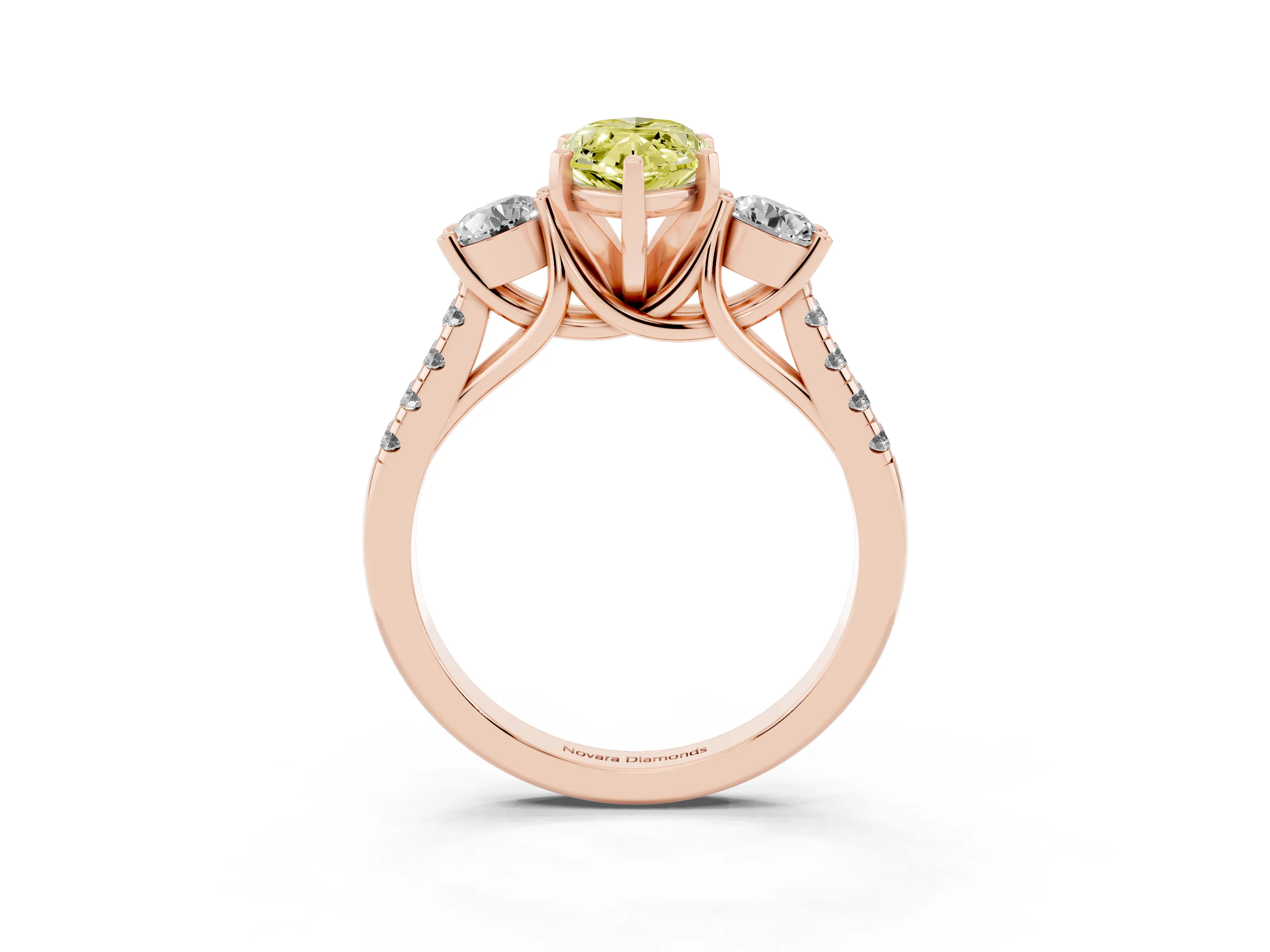 Fancy Yellow Three-Stone Marquise Cut Diamond Pavé Band Ring Set in Rose gold with Prong-Set Trio