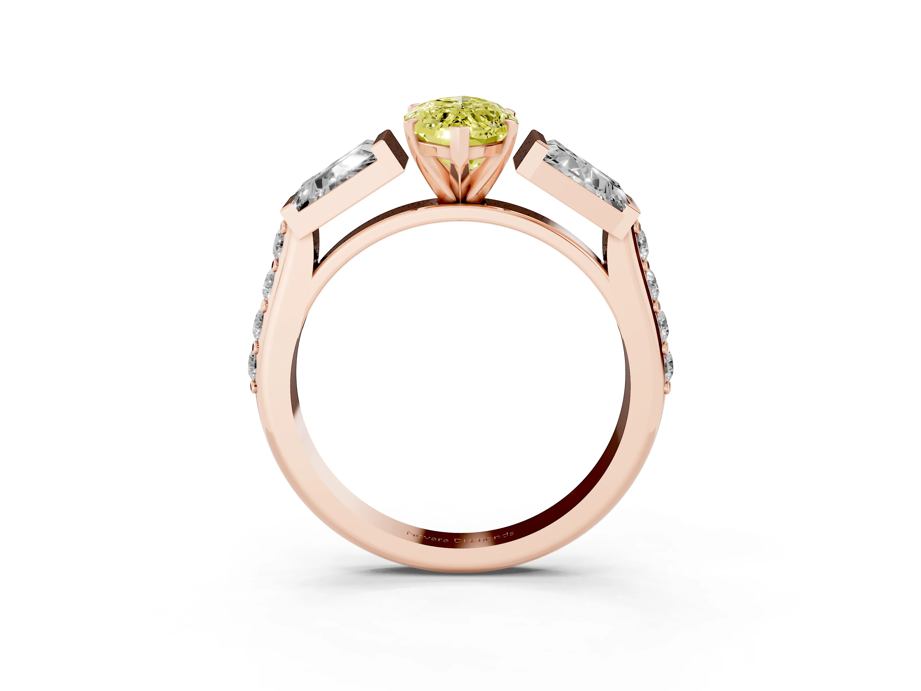 Fancy Yellow Marquise Cut Diamond Engagement Ring Set in Rose gold with Baguette Side Stones and Channel Set Band