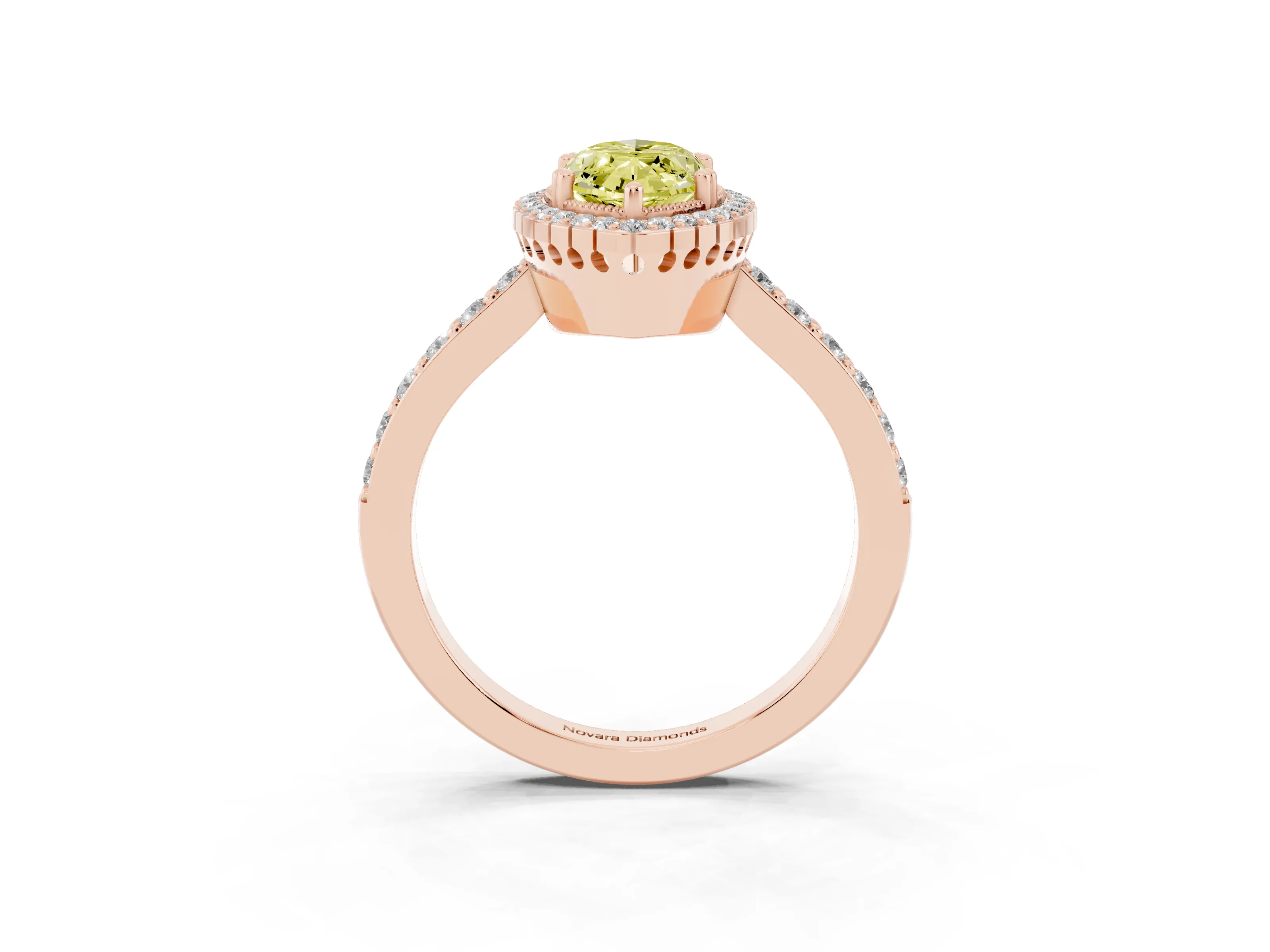 Fancy Yellow Marquise Cut Diamond Halo Engagement Ring Set in Rose gold with Milgrain Detail and Pavé Band