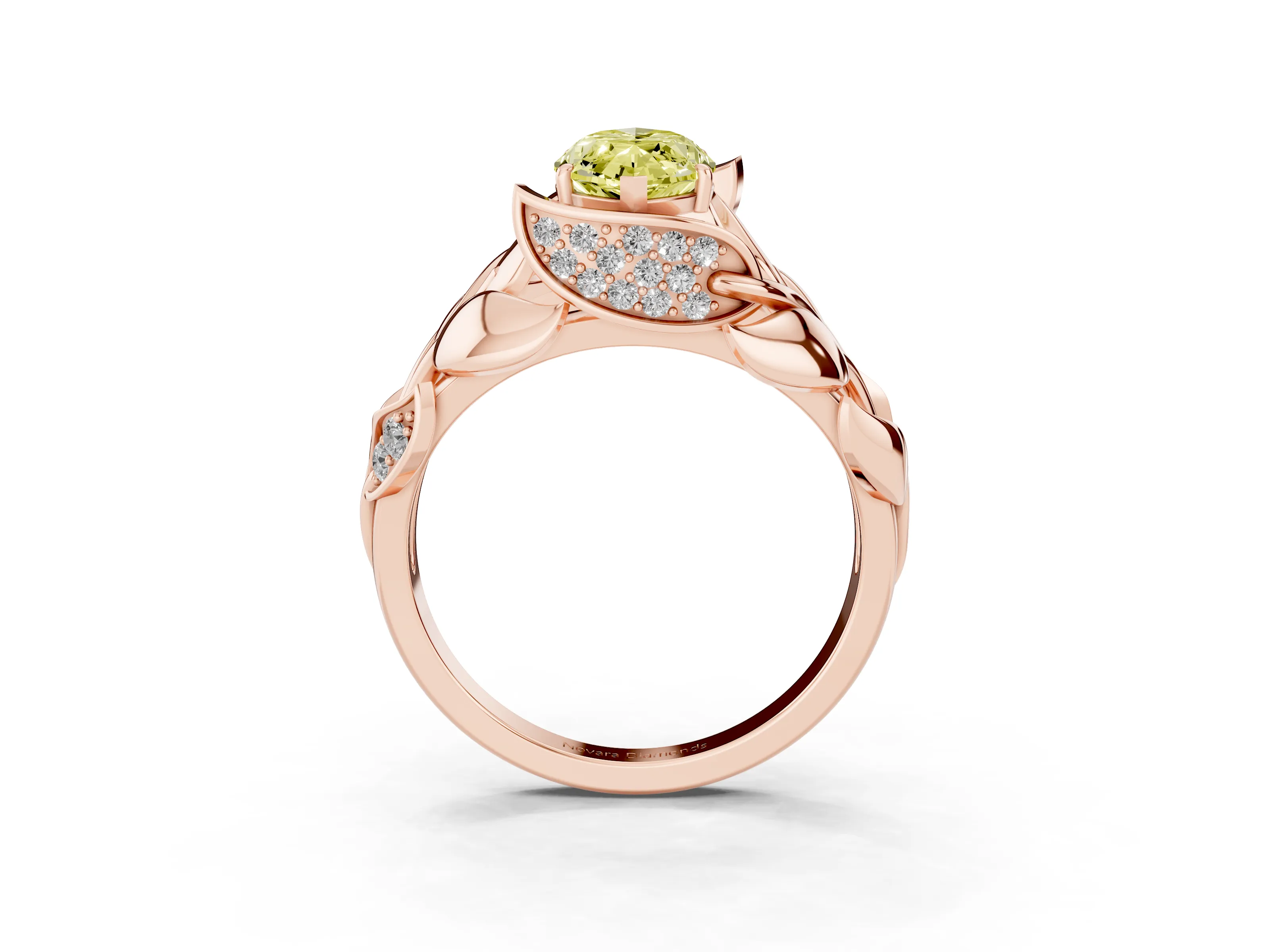 Fancy Yellow Marquise Cut Diamond Leaf-Inspired Engagement Ring Set in Rose gold with Round Accents