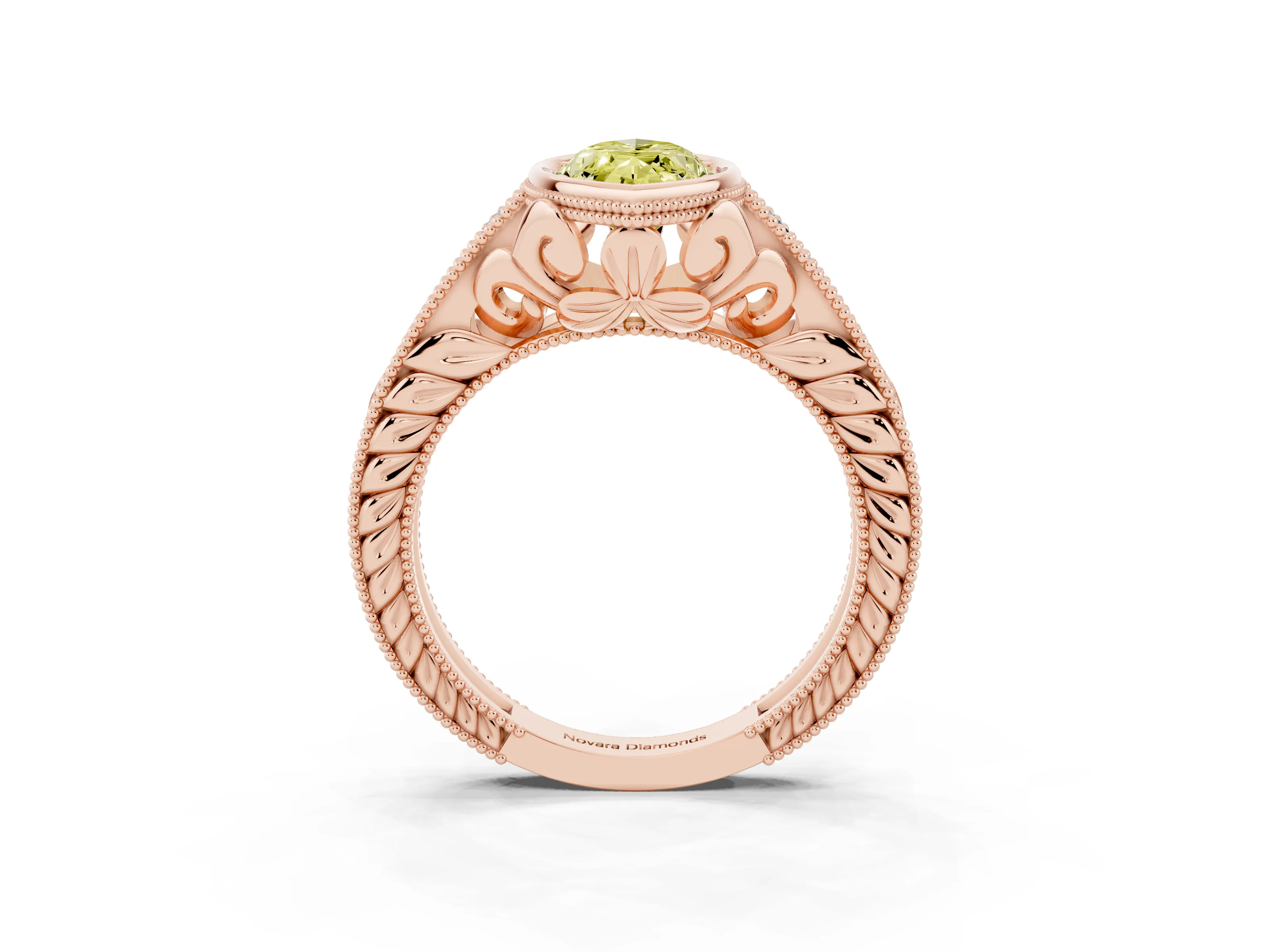 Fancy Yellow Bezel Set Marquise Cut Diamond Milgrain Pavé Engagement Ring Set in Rose gold