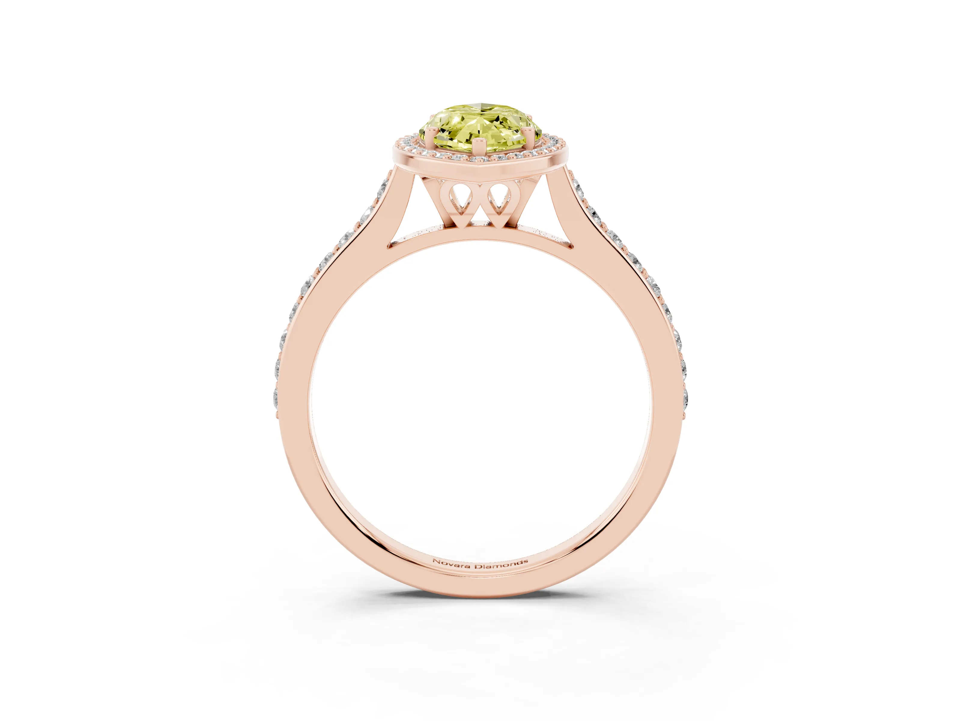 Fancy Yellow Marquise Cut Diamond Halo Engagement Ring Set in Rose gold with Round Pavé Shoulders and Heart Gallery