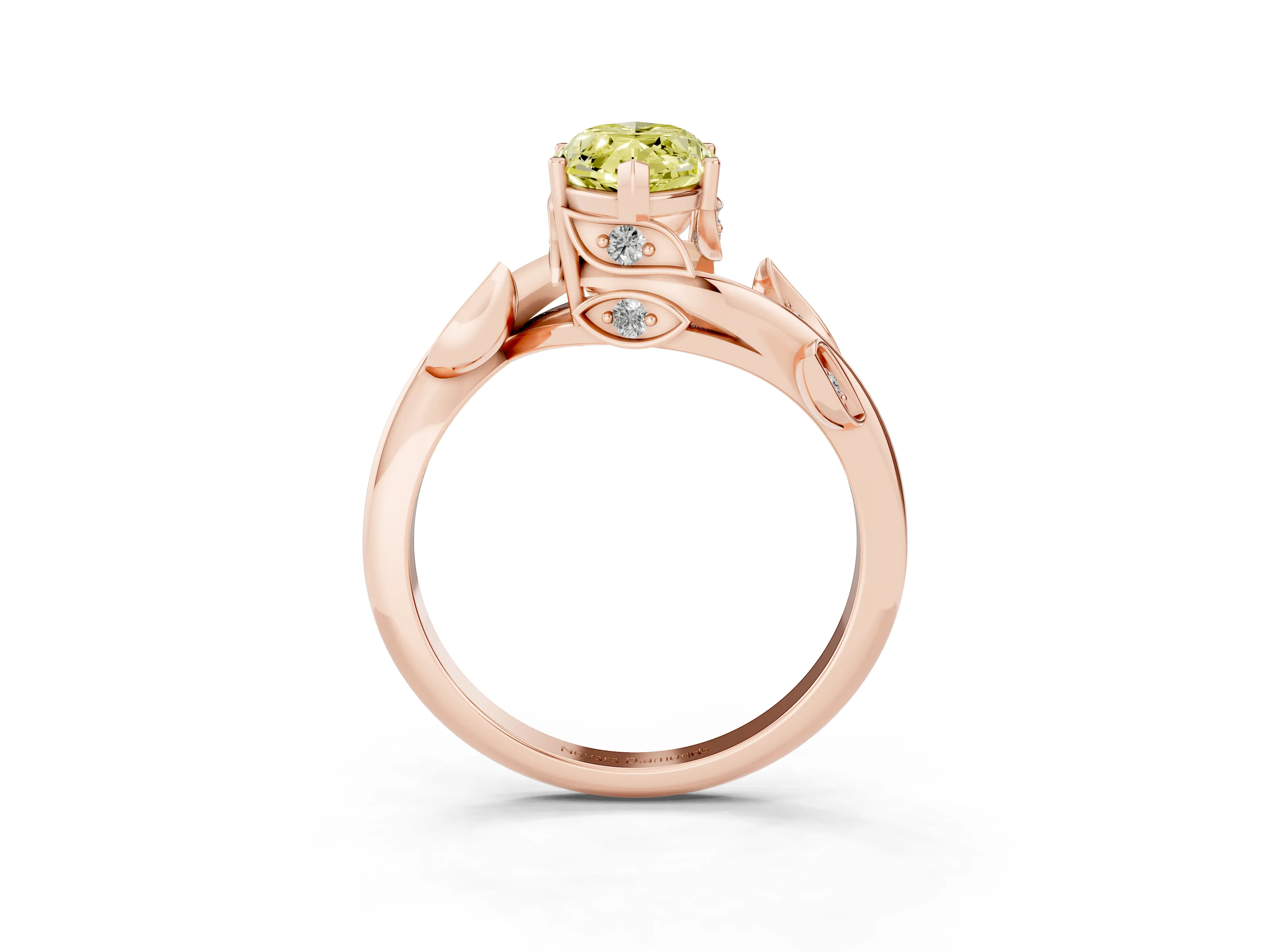 Fancy Yellow Marquise Cut Diamond Solitaire Twist Engagement Ring Set in Rose gold with Pavé Leaf Accents