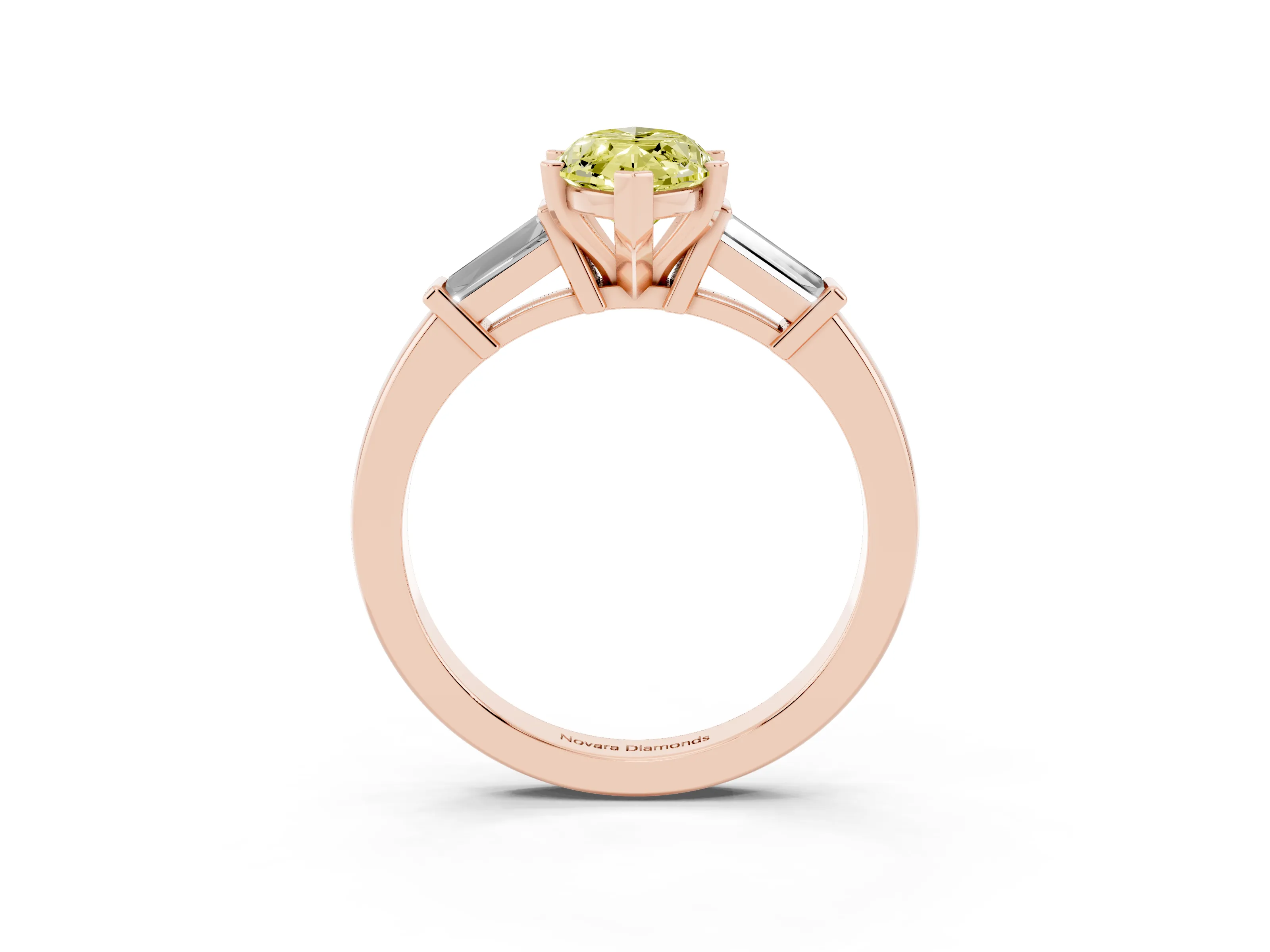 Fancy Yellow Marquise Cut Diamond Solitaire Ring Set in Rose gold with Tapered Baguette Accents and Prong Setting