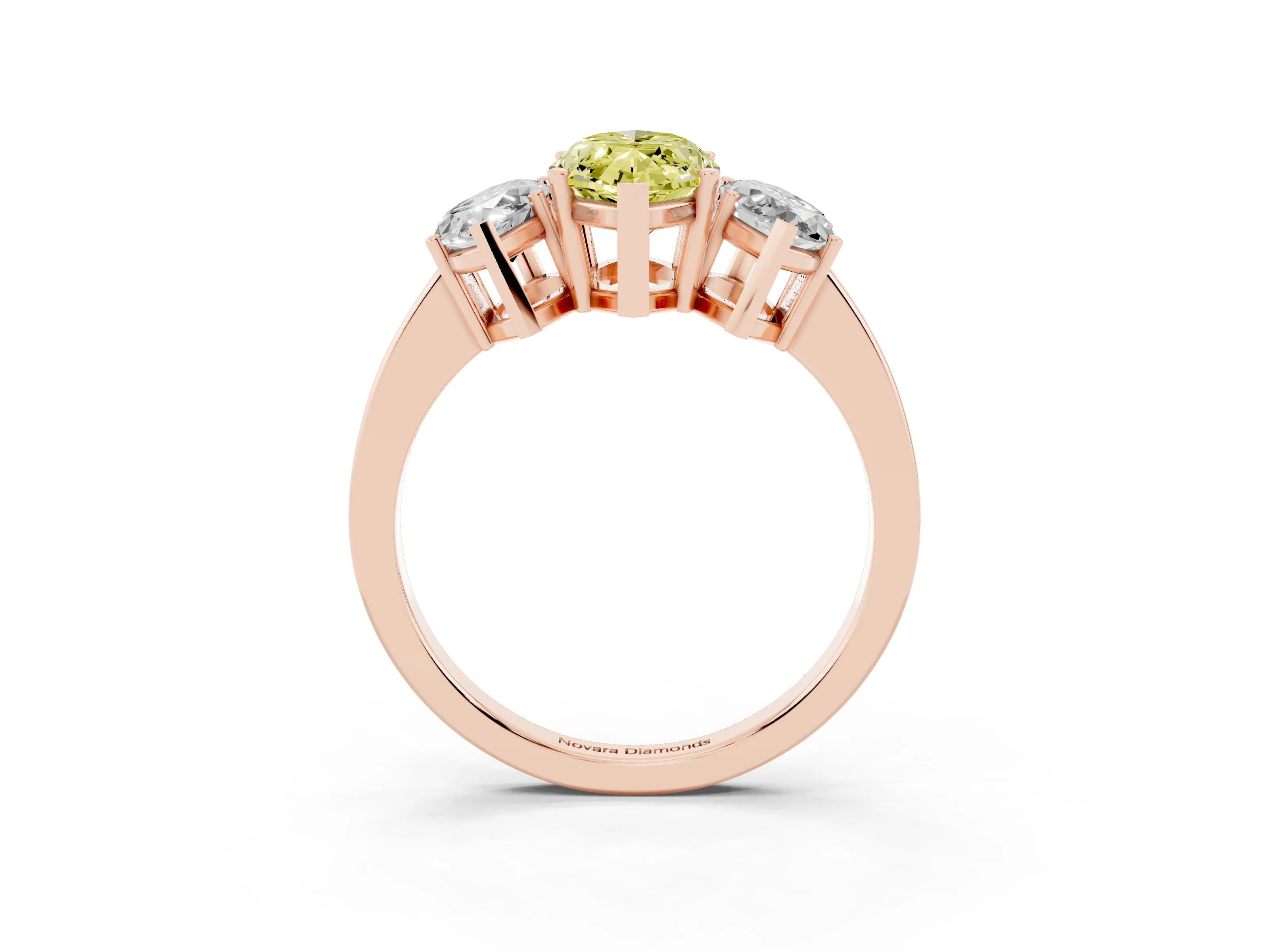Fancy Yellow Marquise Cut Diamond Three-Stone Engagement Ring Set in Rose gold with Flat Band