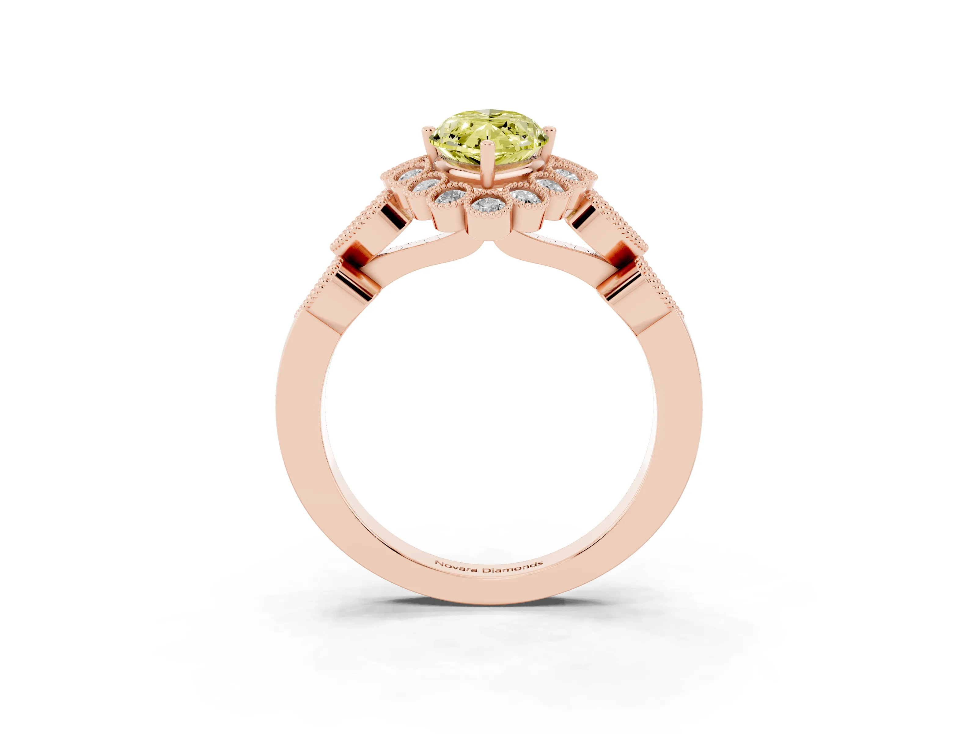 Fancy Yellow Marquise Cut Diamond Solitaire Ring Set in Rose gold with Milgrain Pavé Heart Band