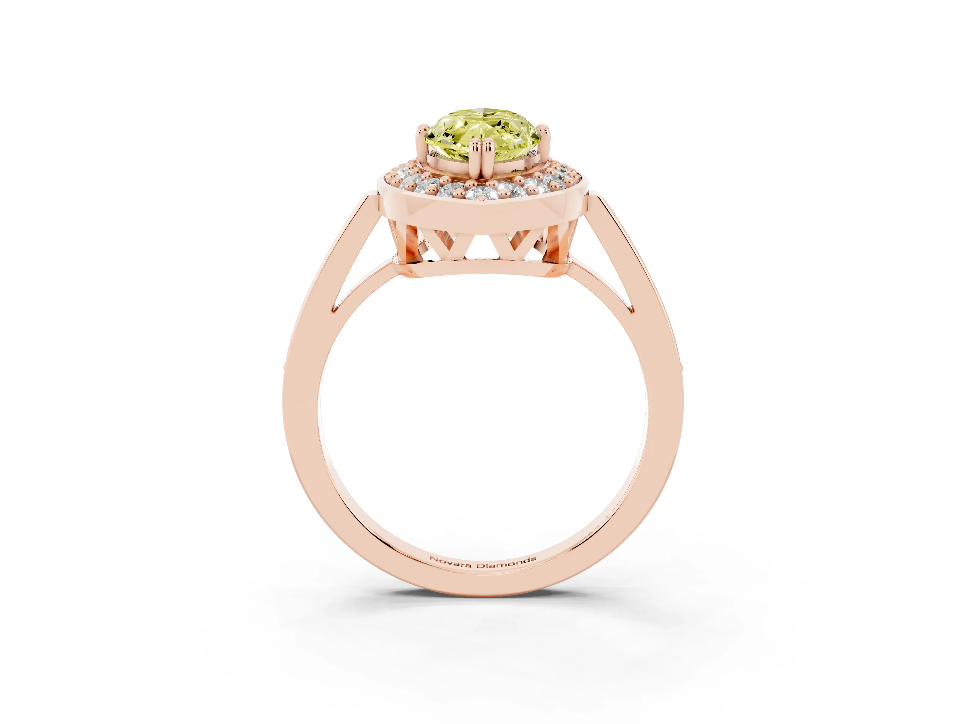 Fancy Yellow Marquise Cut Diamond Halo Ring Set in Rose gold with Accent-Lined Split Shank and Prong Setting