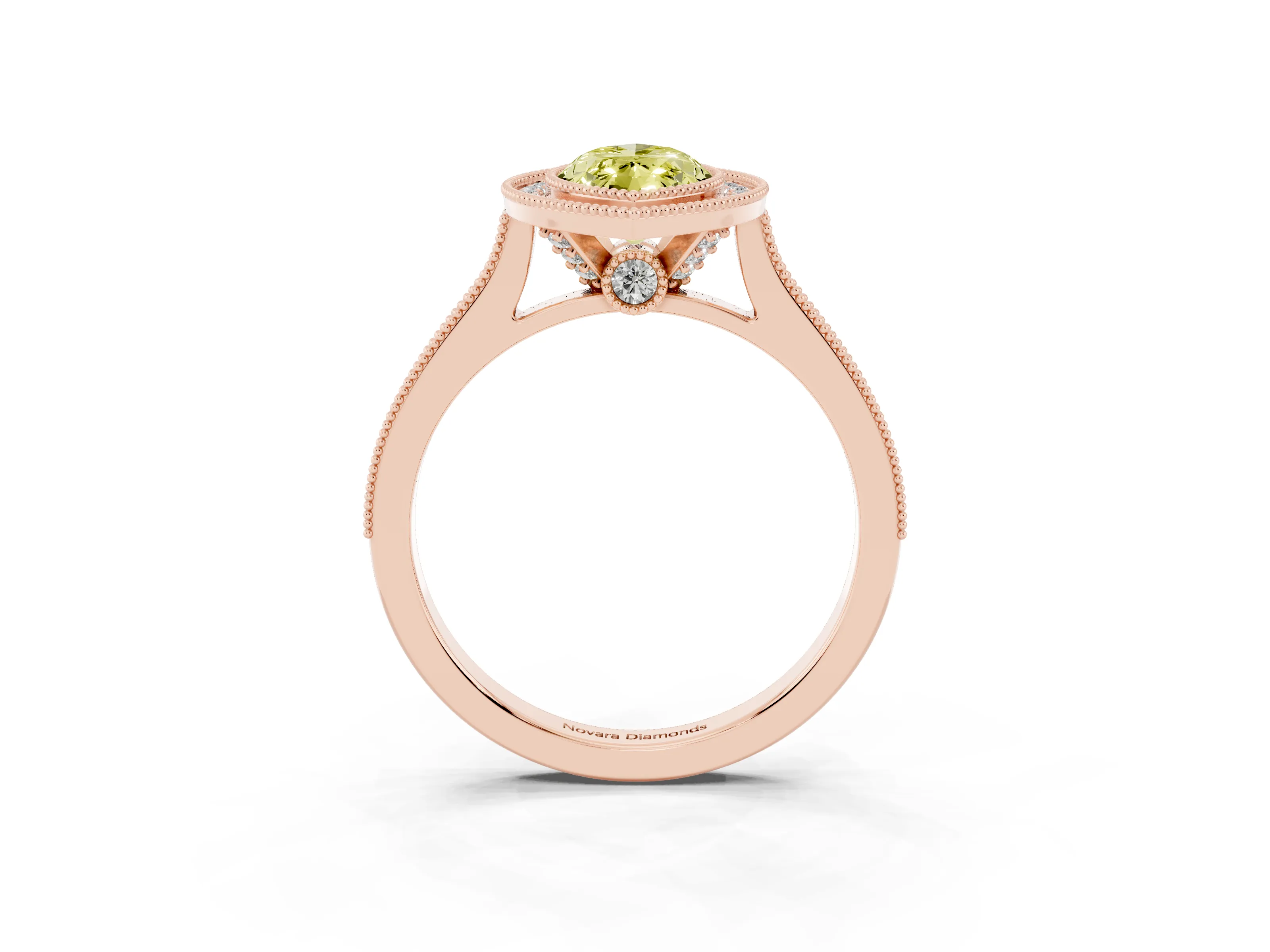 Fancy Yellow Marquise Cut Diamond Halo Milgrain Pavé Band Ring Set in Rose gold with Prong Setting