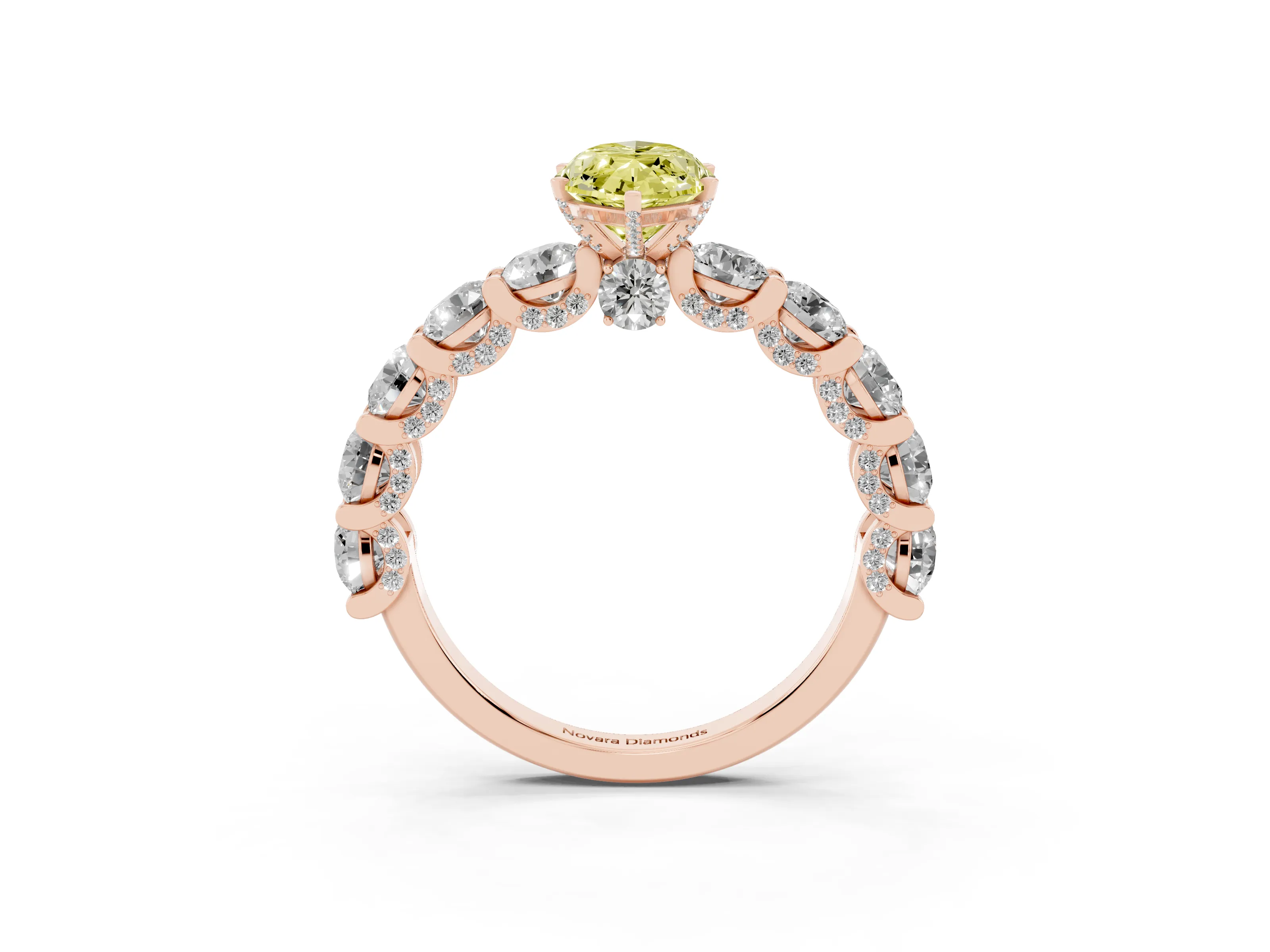 Fancy Yellow Marquise Cut Diamond Side Stone Ring Set in Rose gold with Alternating Round and Oval Side Stones