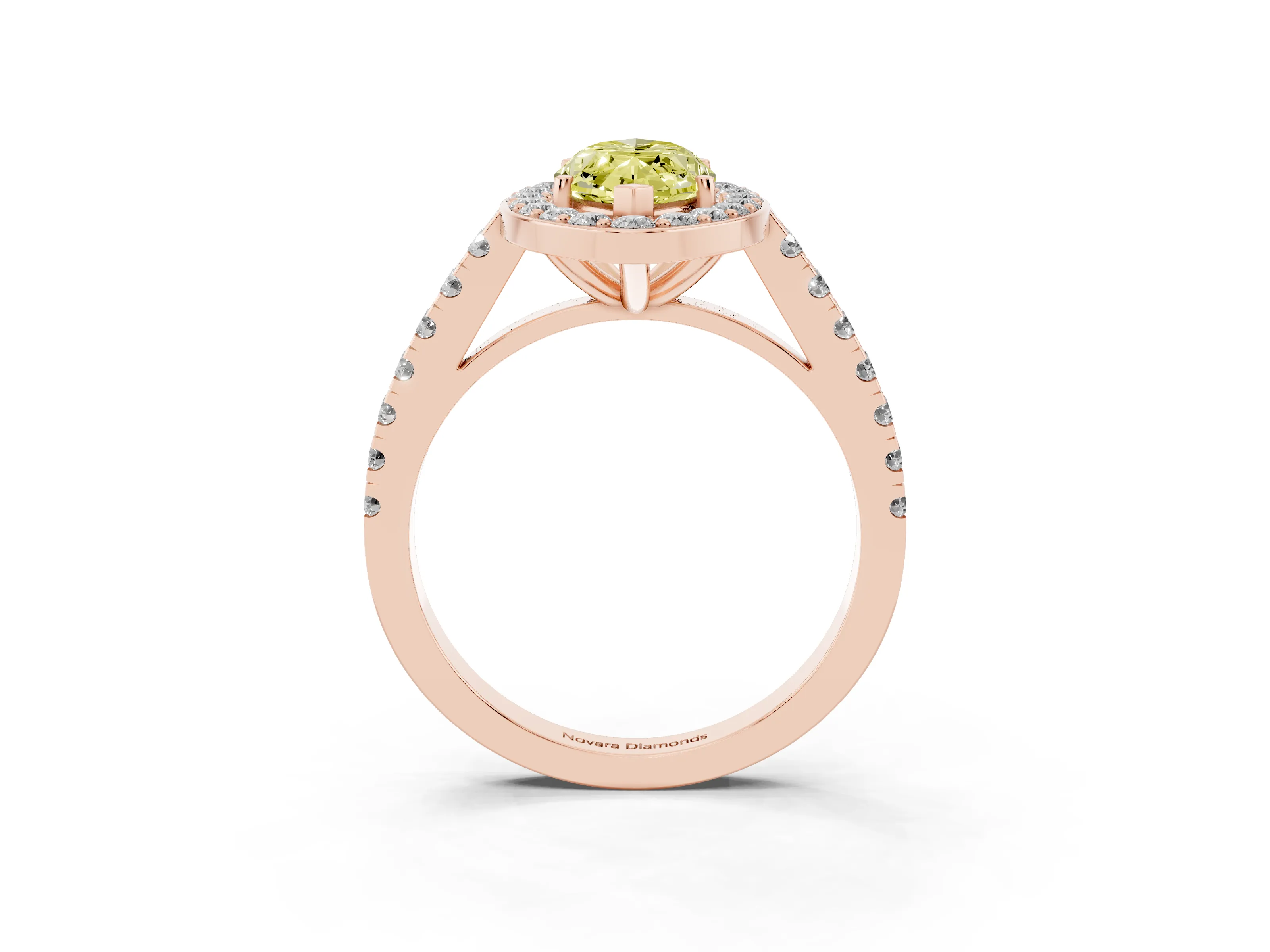 Fancy Yellow Marquise Cut Diamond Halo Ring Set in Rose gold with Round Pavé Split Shank and Prong Setting