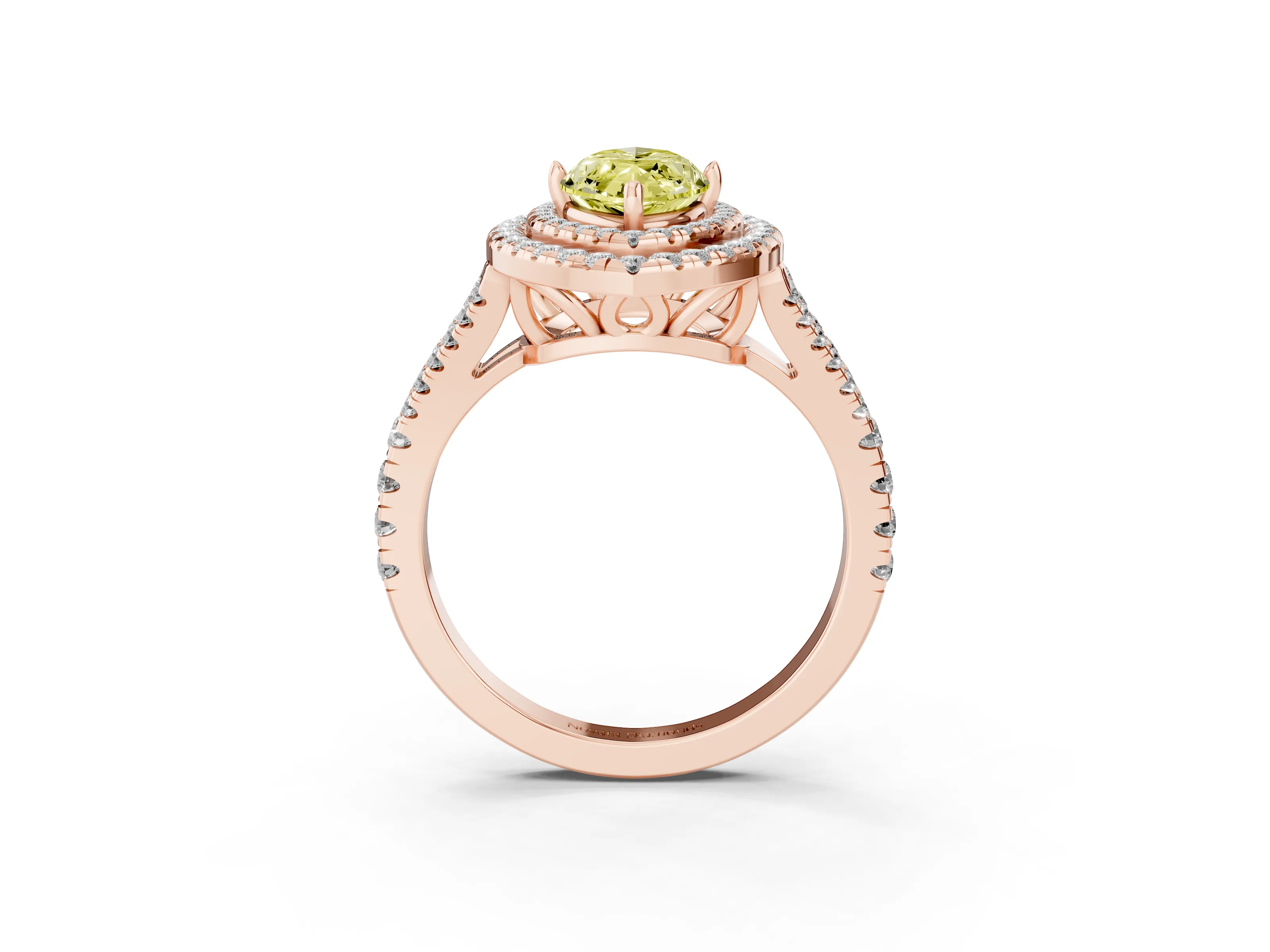 Fancy Yellow Marquise Cut Diamond Double Halo Ring Set in Rose gold with Pavé Band