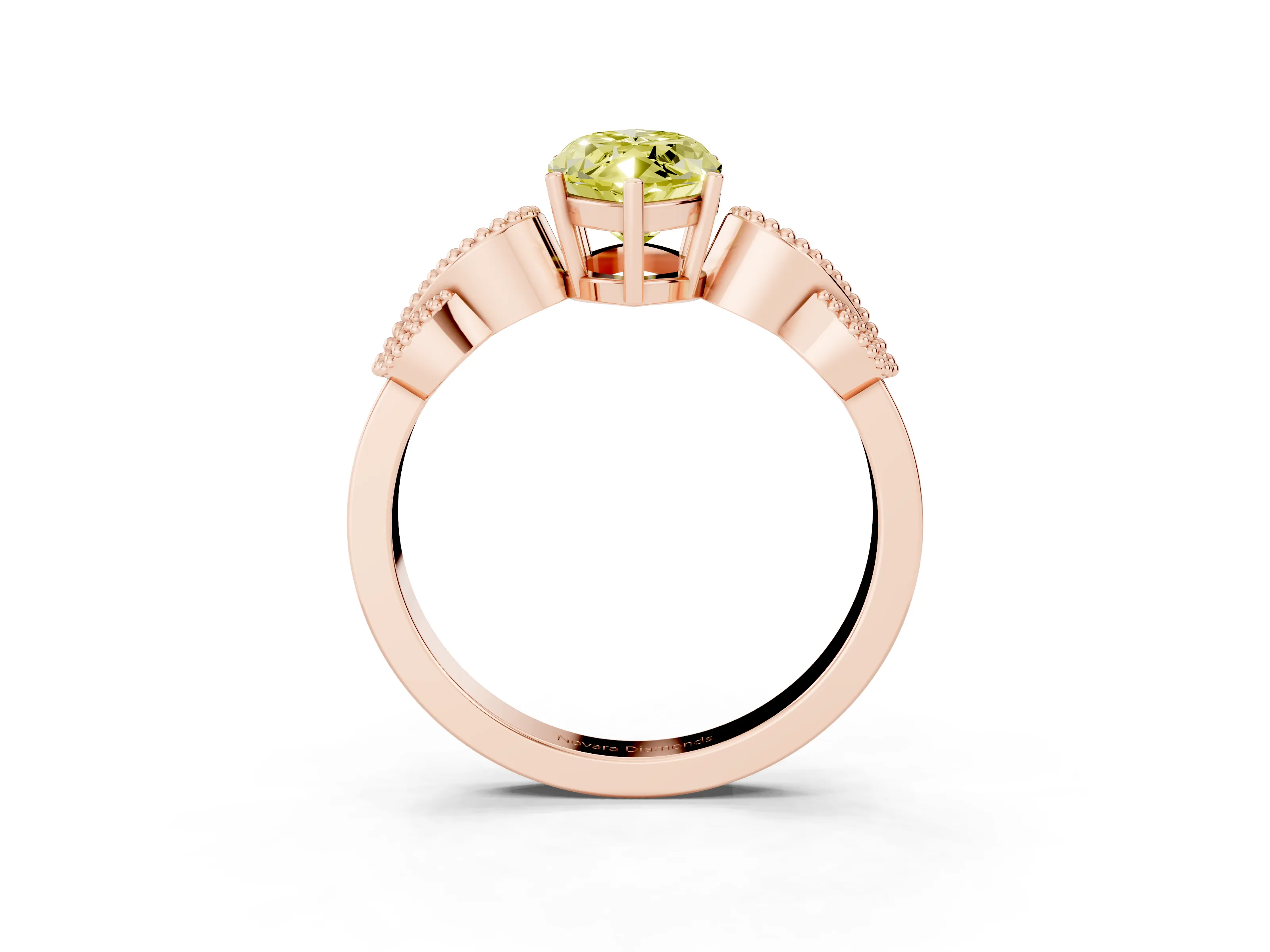 Fancy Yellow Marquise Cut Diamond Milgrain Leaf Band Solitaire Ring Set in Rose gold with Accent Stones and Prong Setting