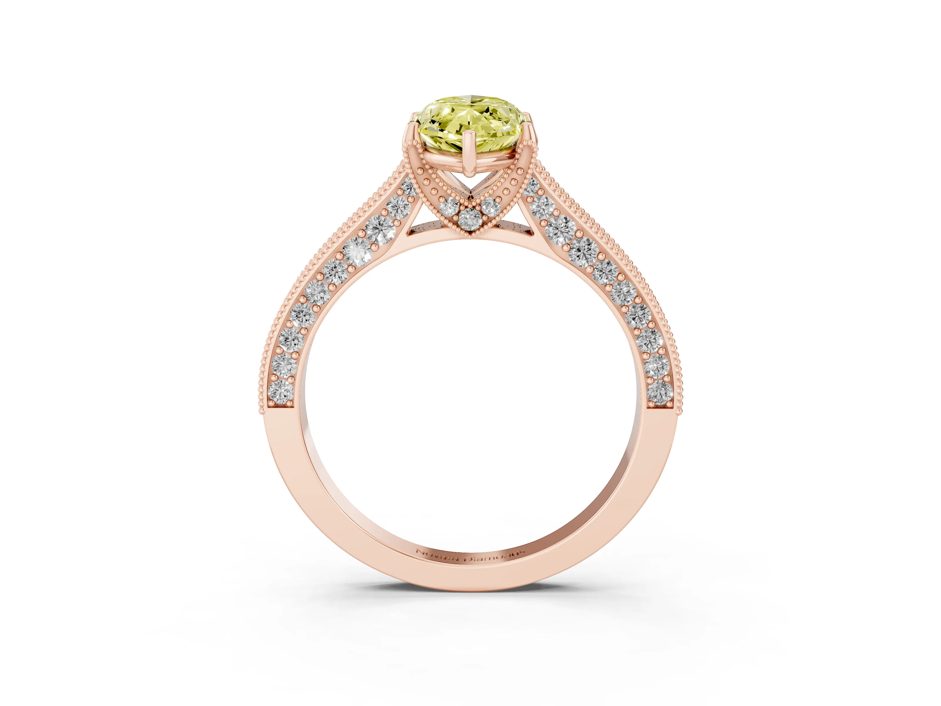 Fancy Yellow Marquise Cut Diamond Solitaire Ring Set in Rose gold with Milgrain-Edged Pavé Band and Prong Setting