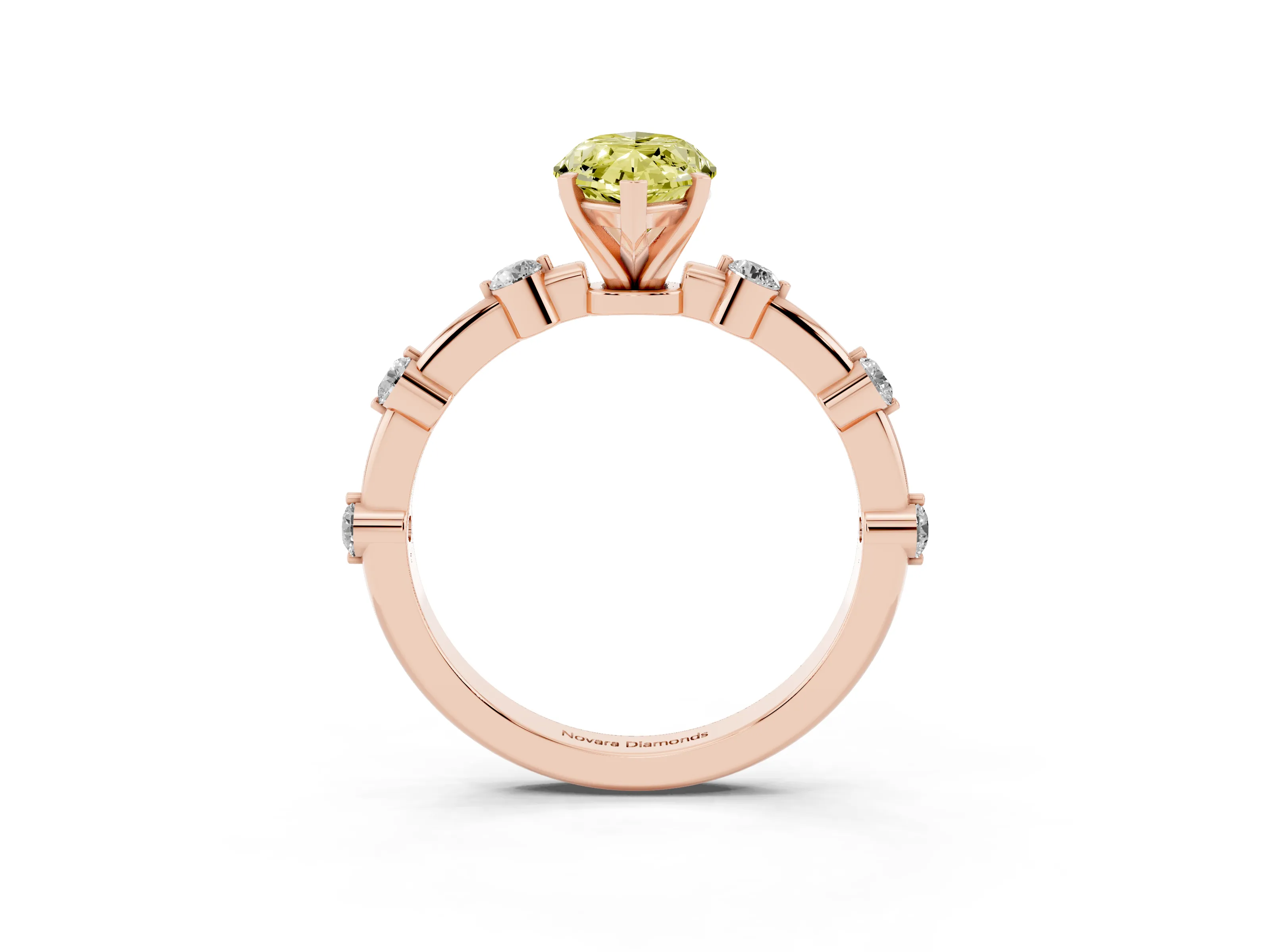 Fancy Yellow Marquise Cut Diamond Solitaire Ring Set in Rose gold with Bezel Set Side Stones and Prong Setting
