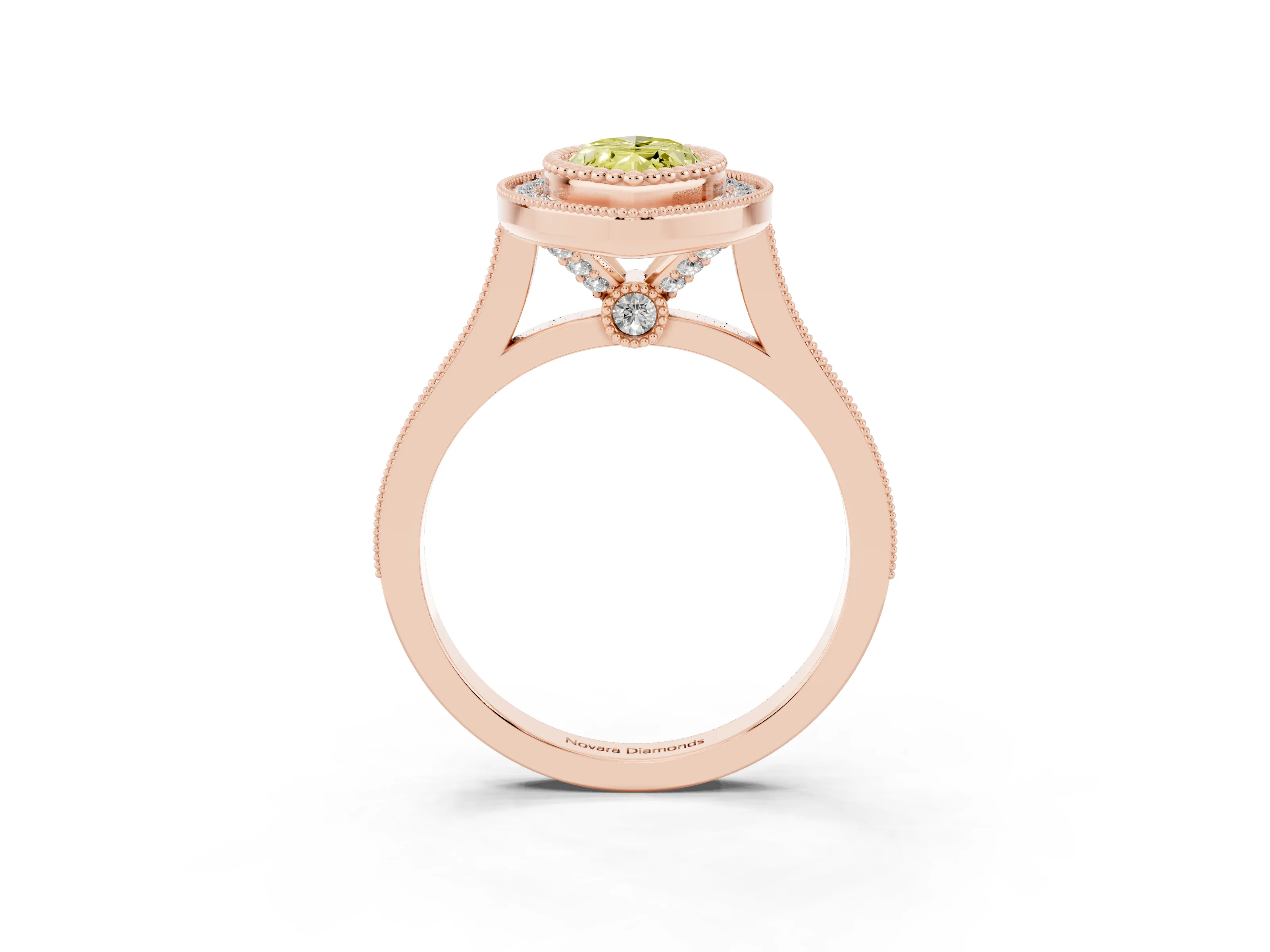 Fancy Yellow Marquise Cut Diamond Halo Ring Set in Rose gold with Milgrain Frame and Pavé Band