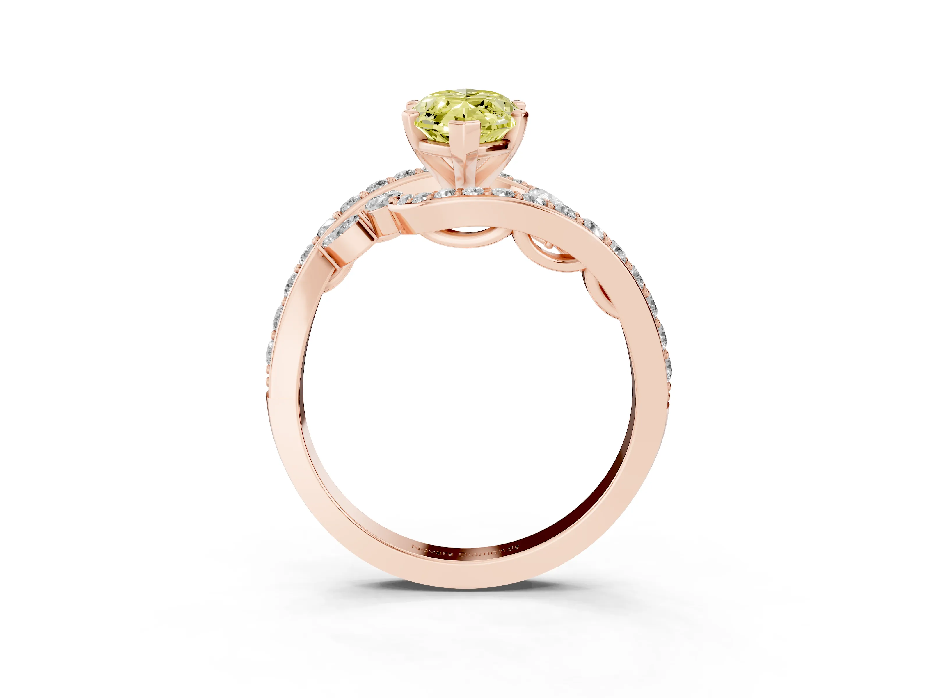 Fancy Yellow Marquise Cut Diamond Solitaire Ring Set in Rose gold with Pavé Twist Band and Secure Prong Setting