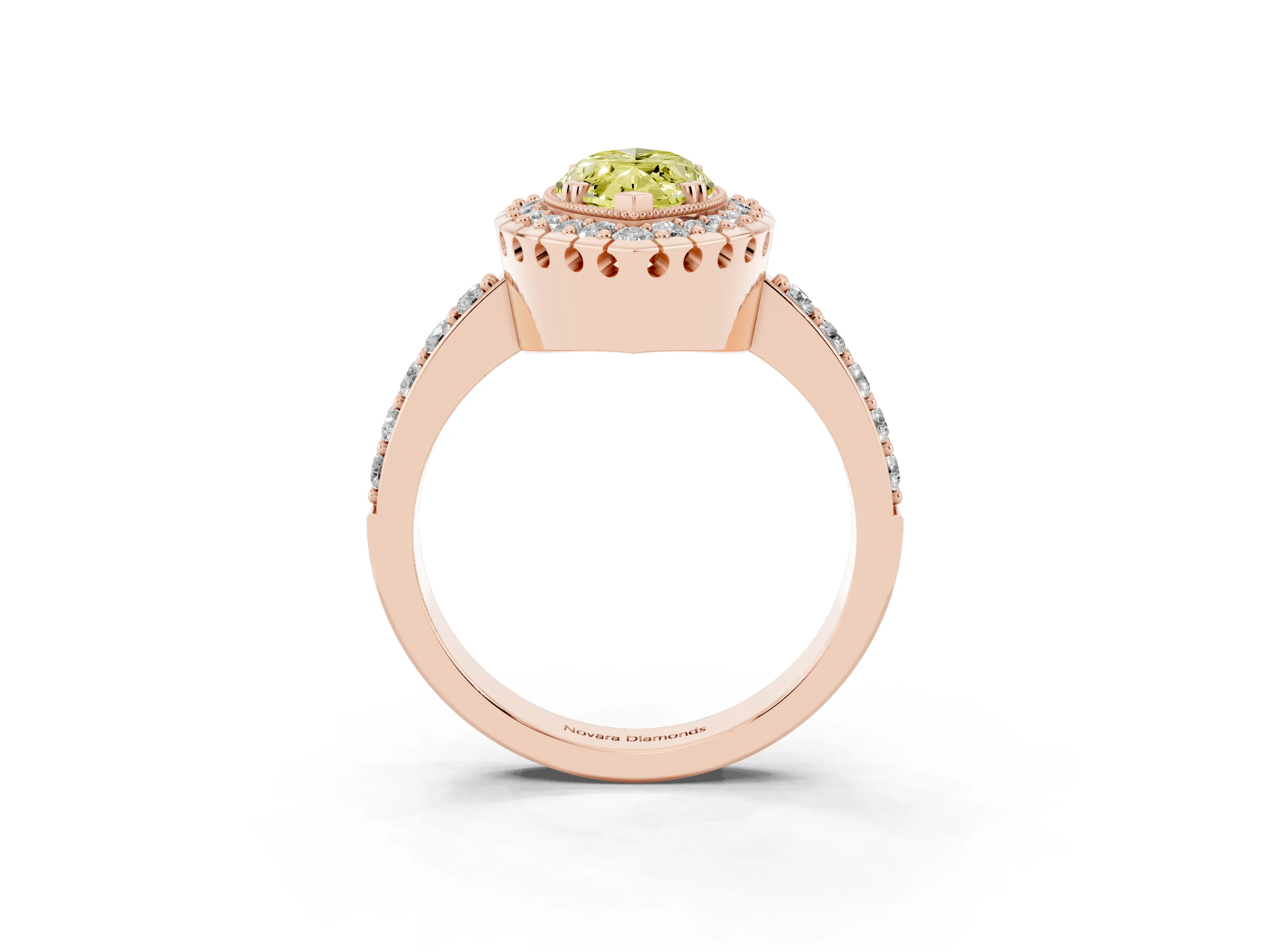 Fancy Yellow Marquise Cut Diamond Halo Ring Set in Rose gold with Pavé Shank and Prong Setting