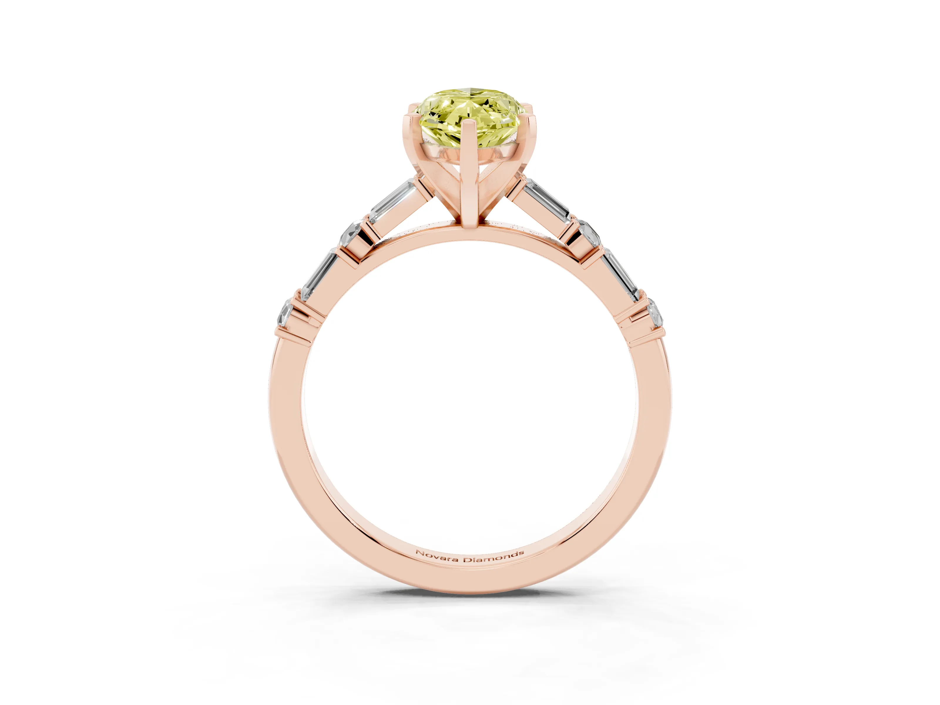 Fancy Yellow Marquise Cut Diamond Solitaire Set in Rose gold with Side Baguettes and Channel Set Band