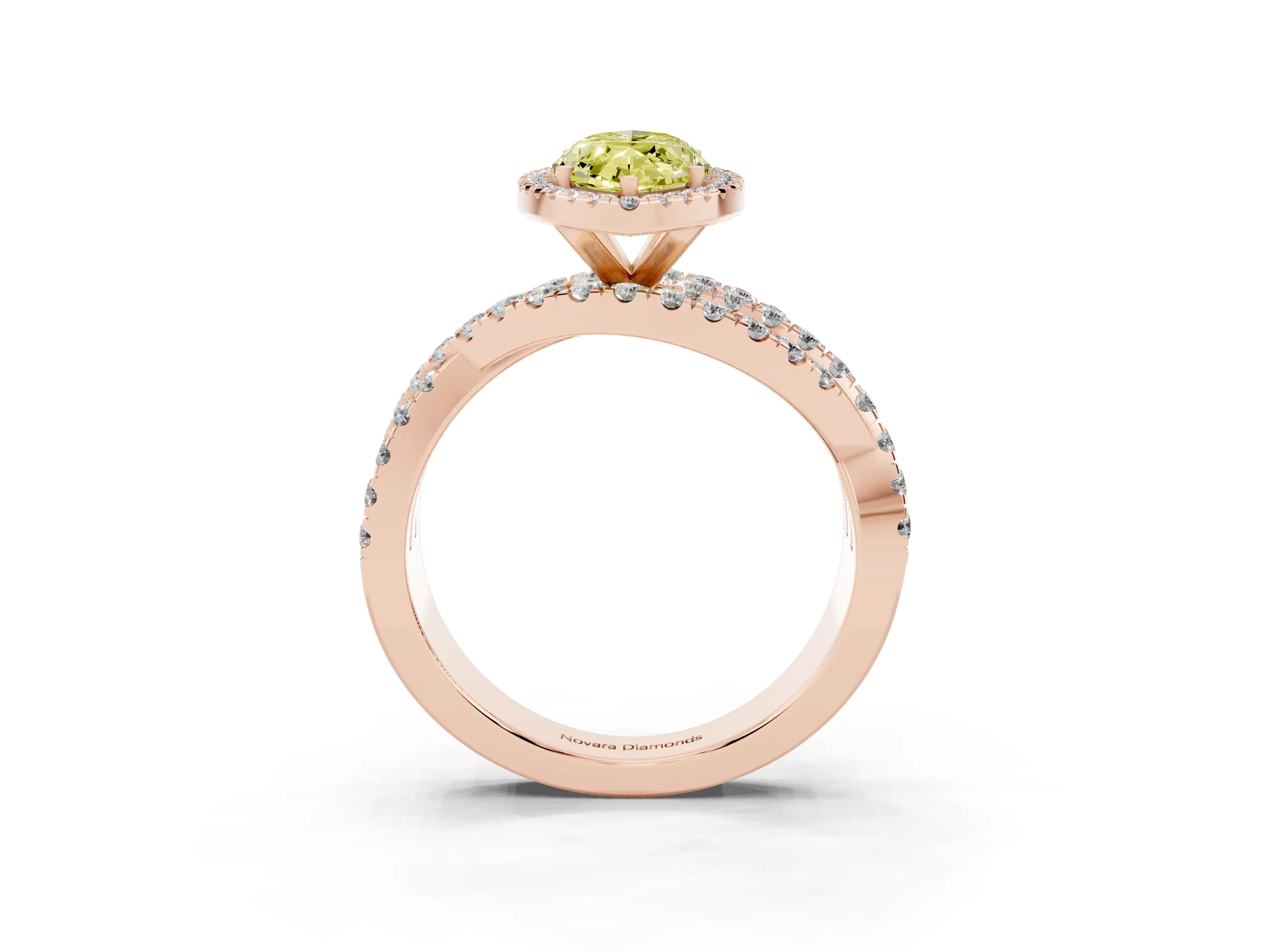 Fancy Yellow Marquise Cut Diamond Halo Ring Set in Rose gold with Round Crossover Split Shank and Prong Setting