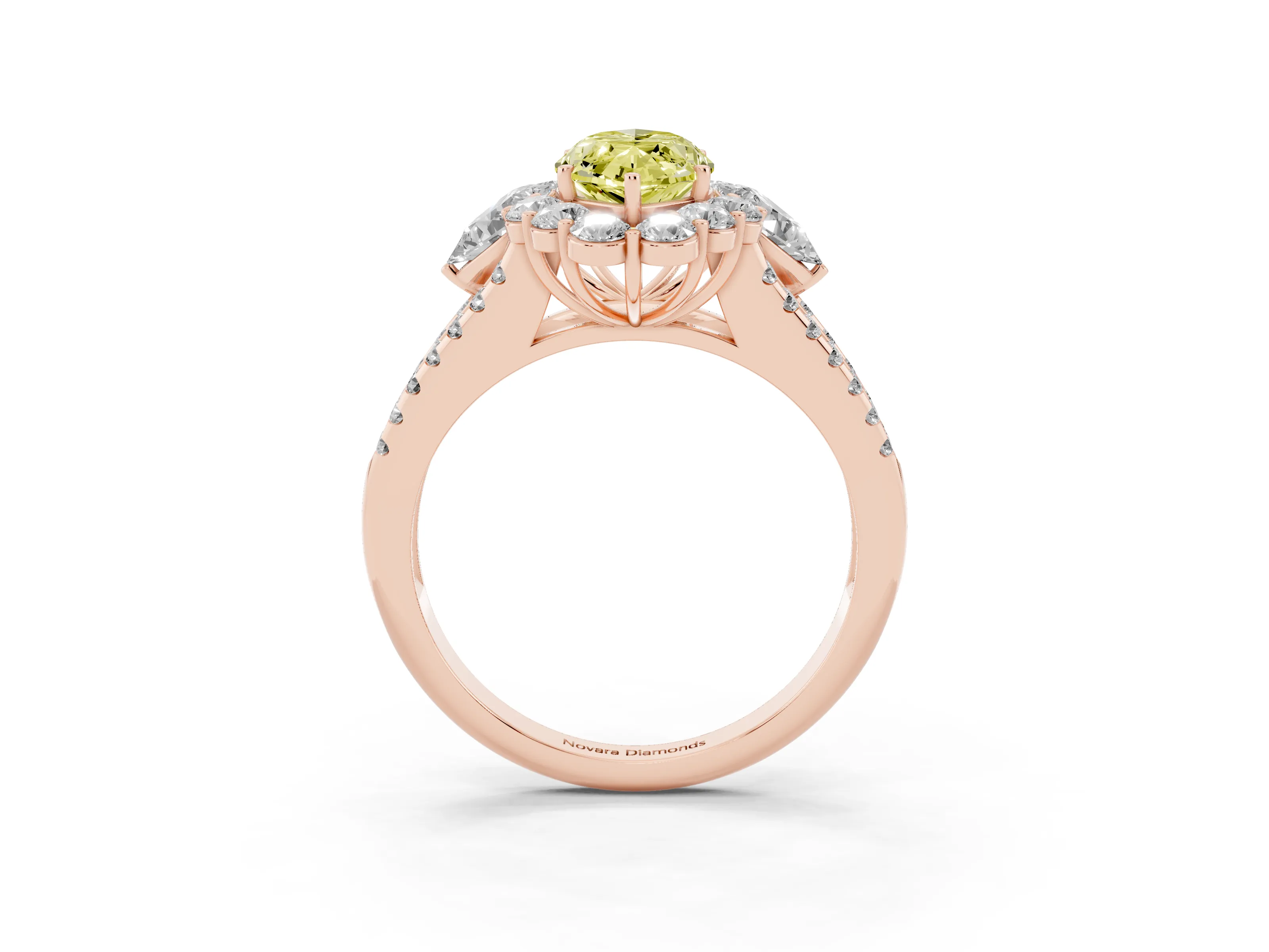 Fancy Yellow Marquise Cut Diamond Halo Split Shank Engagement Ring Set in Rose gold with Prong-Held Center Stone