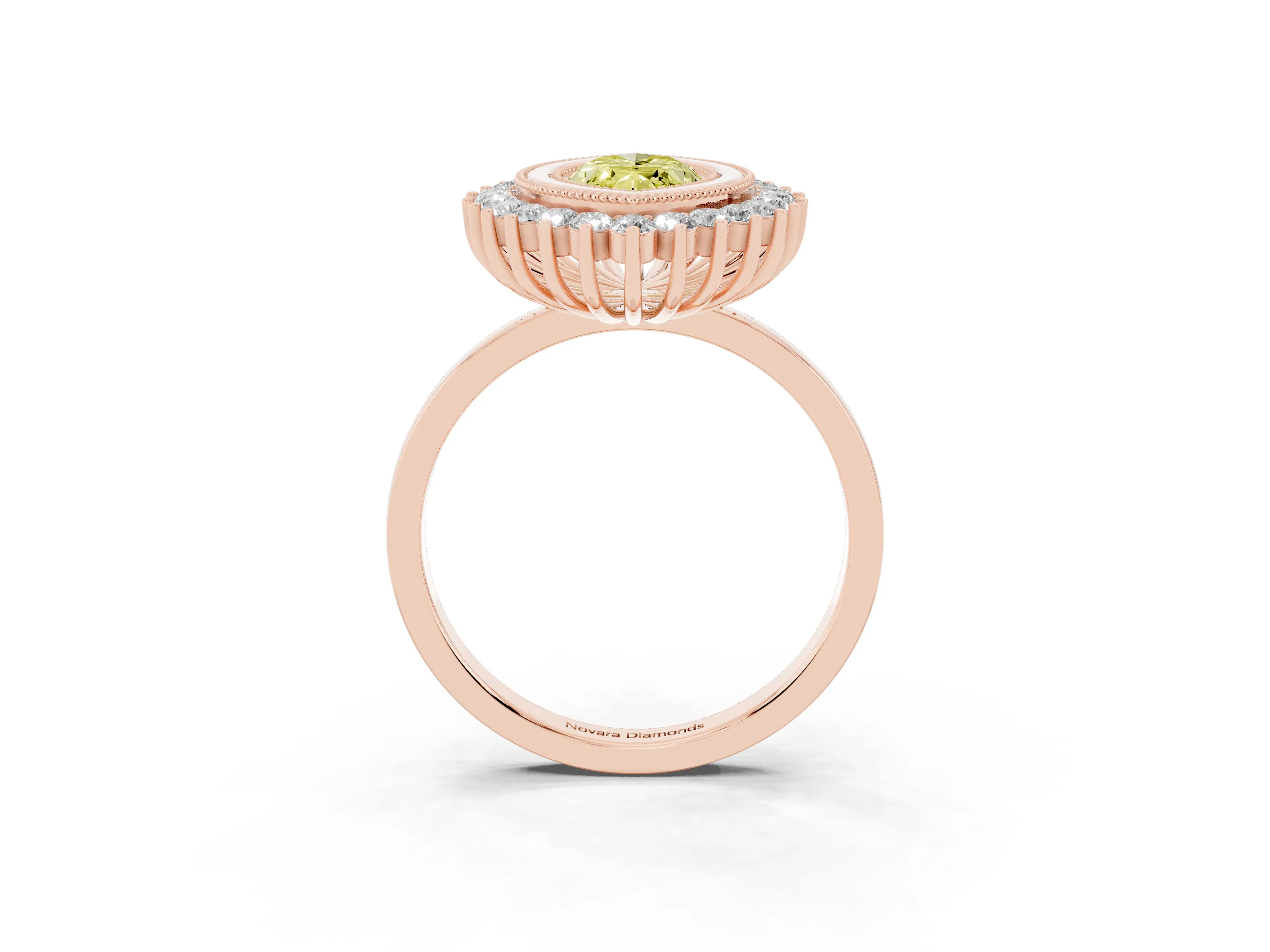 Fancy Yellow Marquise Cut Diamond Halo Ring Set in Rose gold with Milgrain Edge and Round Prong Setting