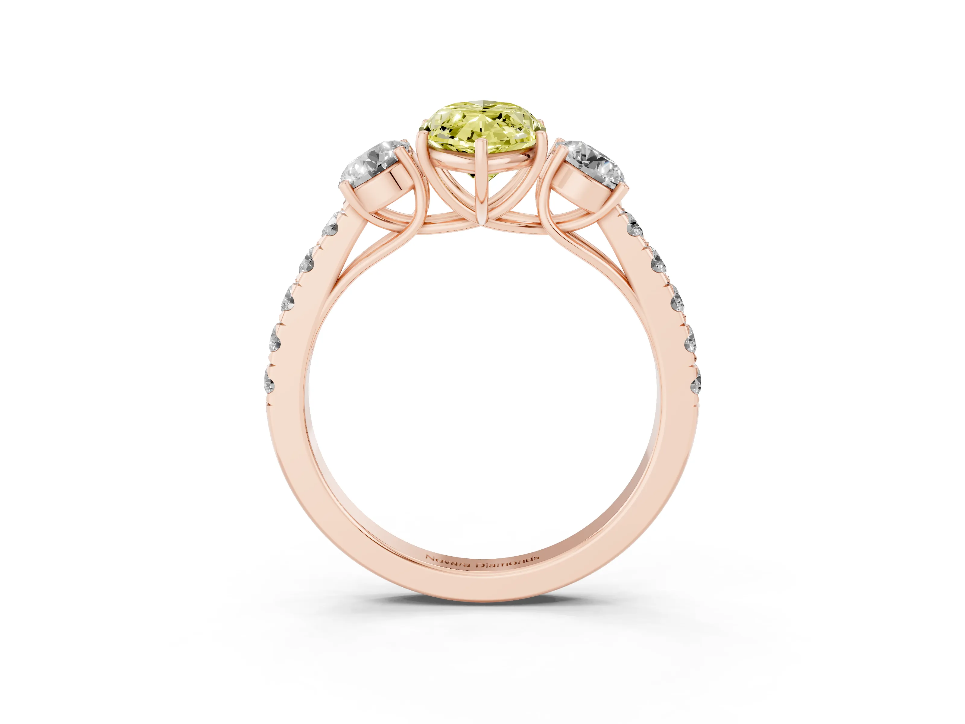 Fancy Yellow Marquise Cut Diamond Three-Stone Ring Set in Rose gold with Round Side Stones and Delicate Pavé Band