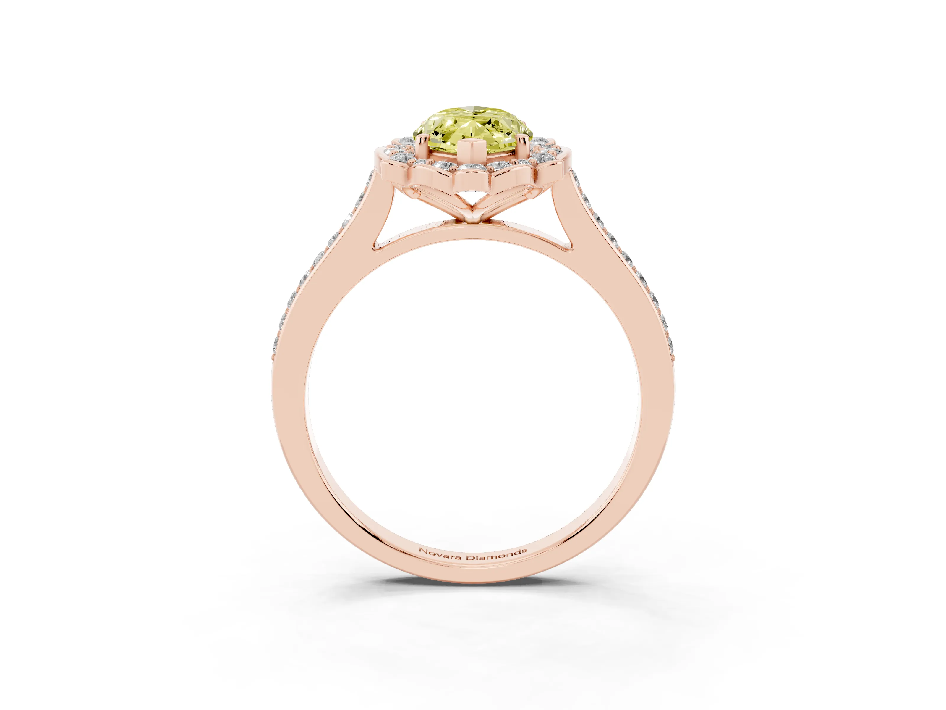 Fancy Yellow Marquise Cut Diamond Halo Ring Set in Rose gold with Pavé-Lined Shoulders and Prong Setting