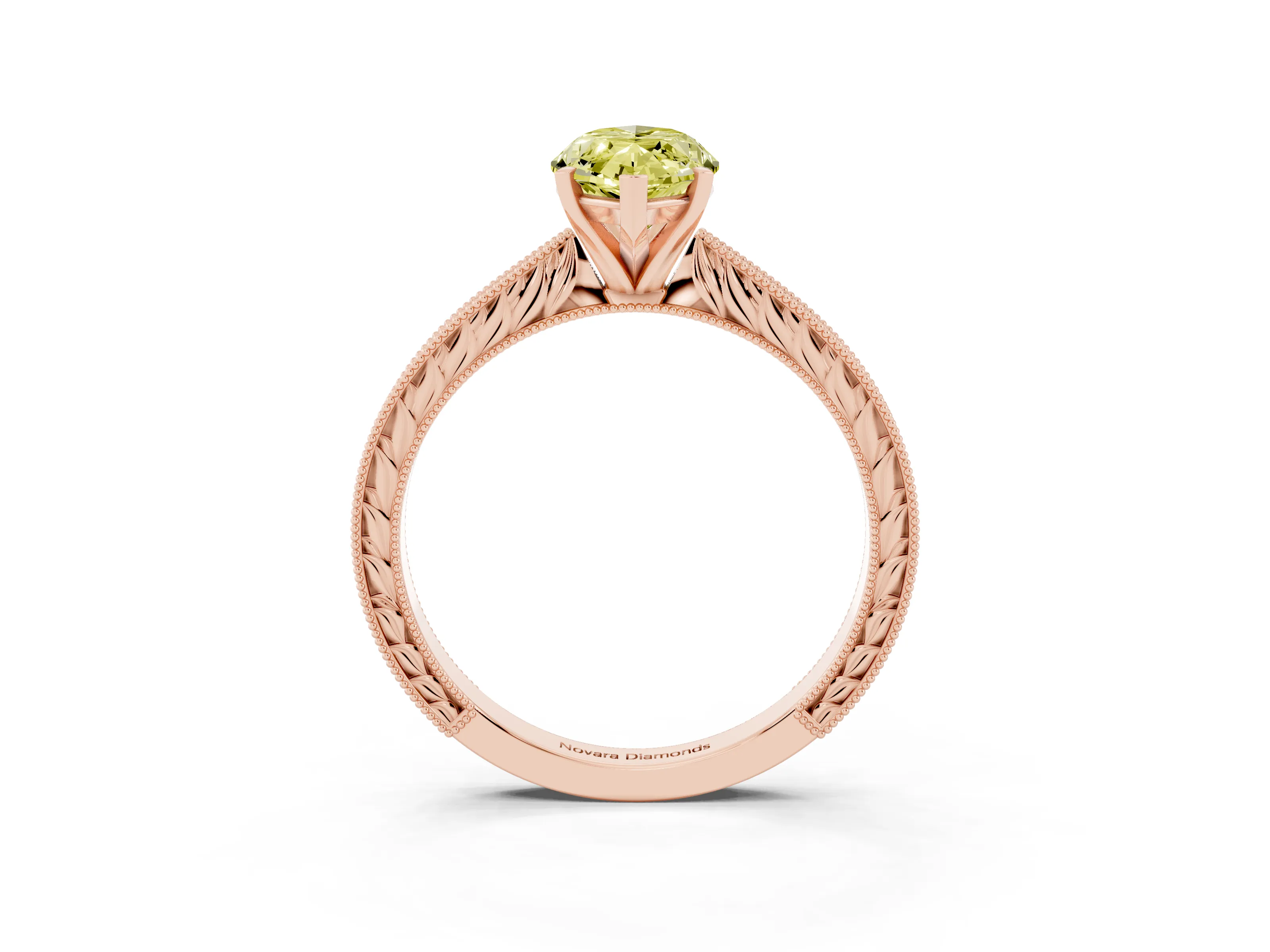 Fancy Yellow Marquise Cut Diamond Solitaire Milgrain Engraved Band Set in Rose gold with Prong Setting