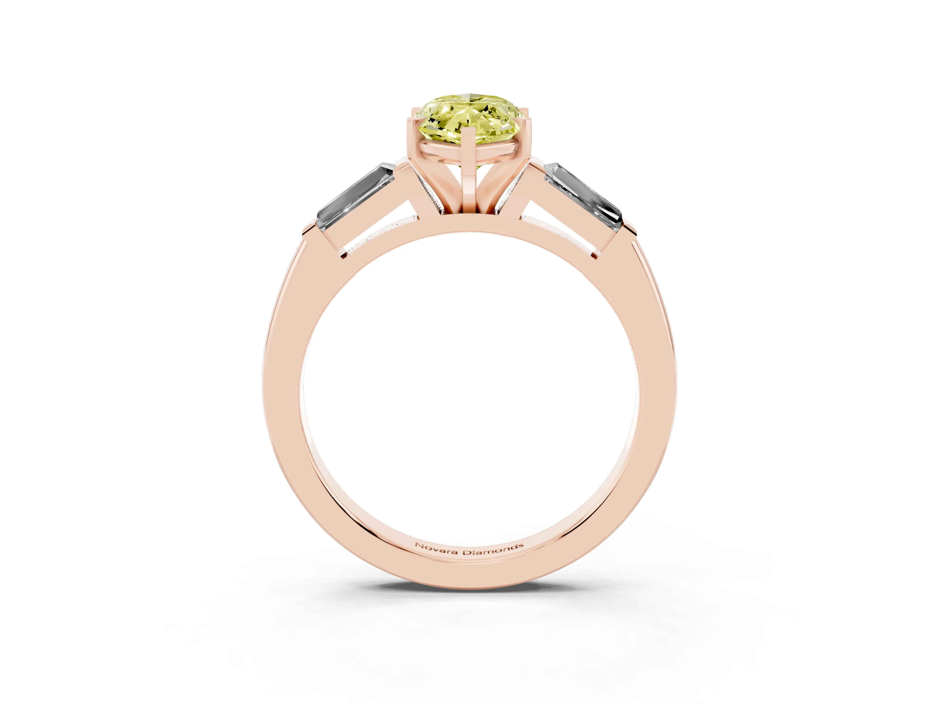 Fancy Yellow Marquise Cut Diamond Solitaire Ring Set in Rose gold with Tapered Baguette Side Stones and Prong Setting