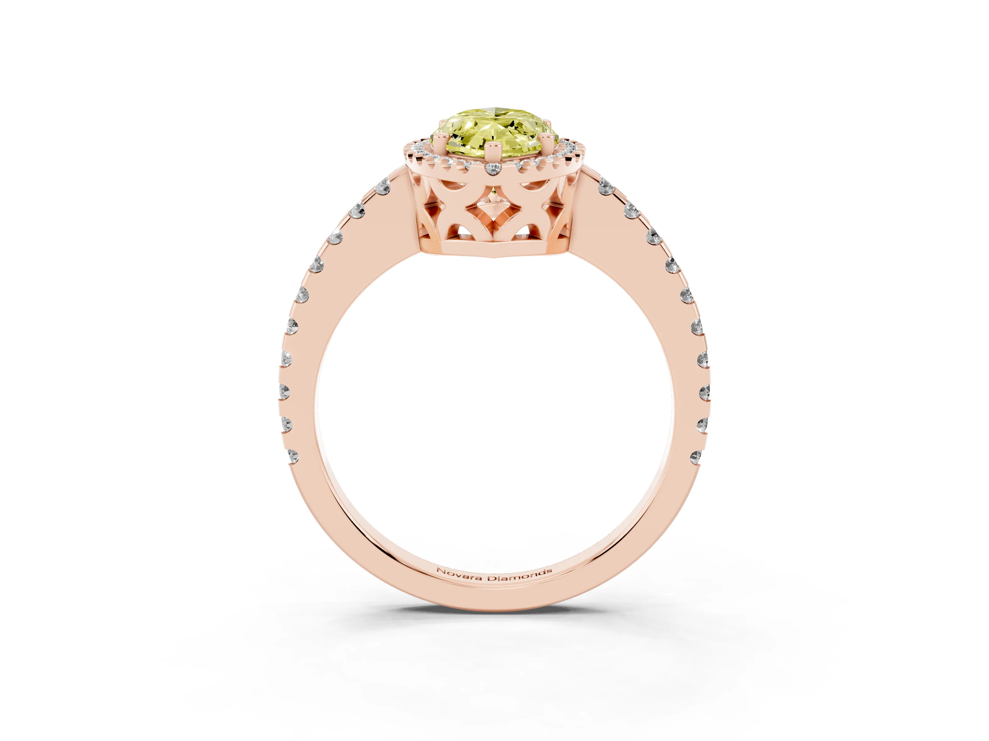Fancy Yellow Marquise Cut Diamond Halo Ring Set in Rose gold with Pavé Shoulders and Halo-Framed Center