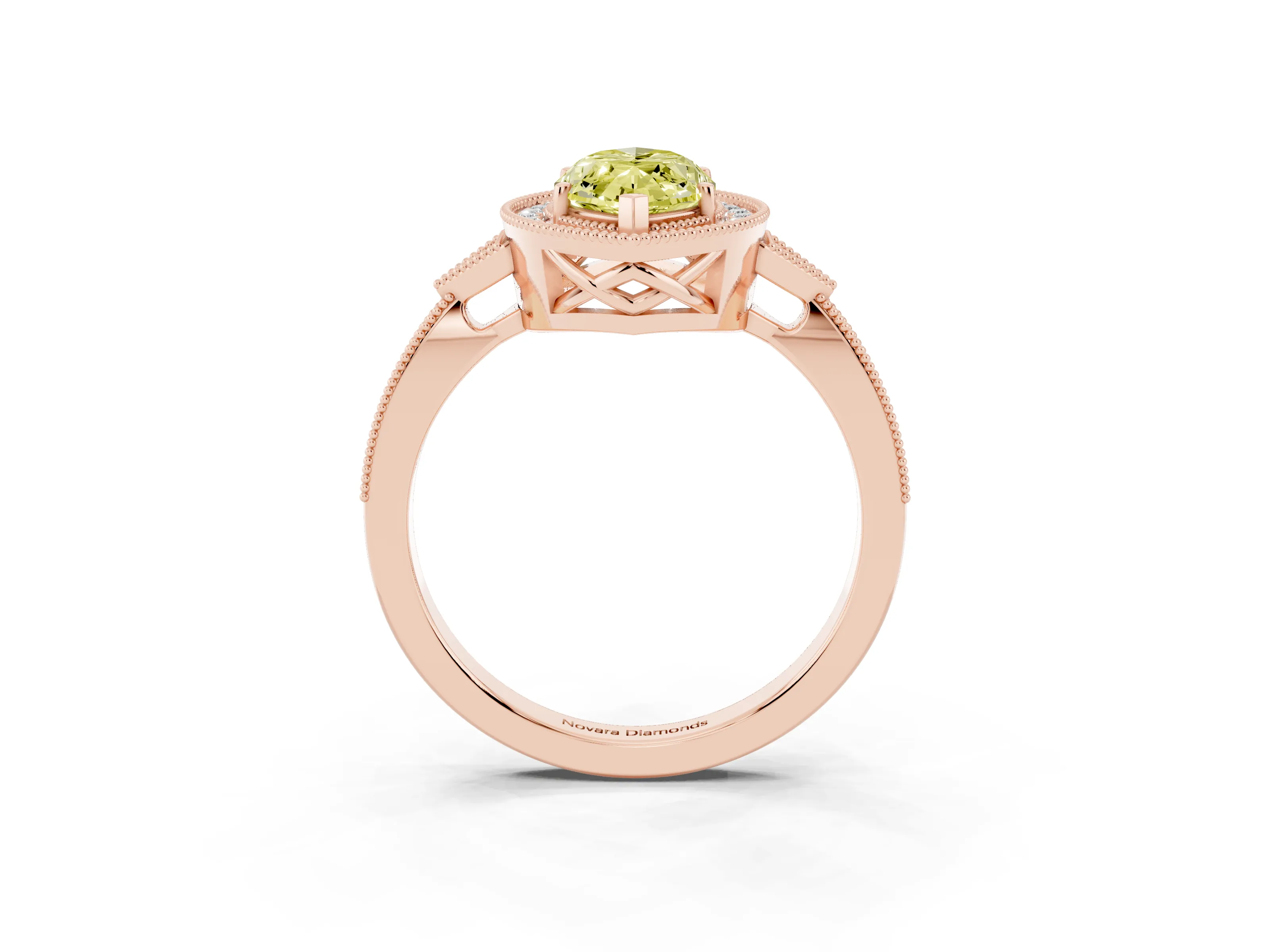 Fancy Yellow Marquise Cut Diamond Halo Engagement Ring Set in Rose gold with Milgrain Pavé Band