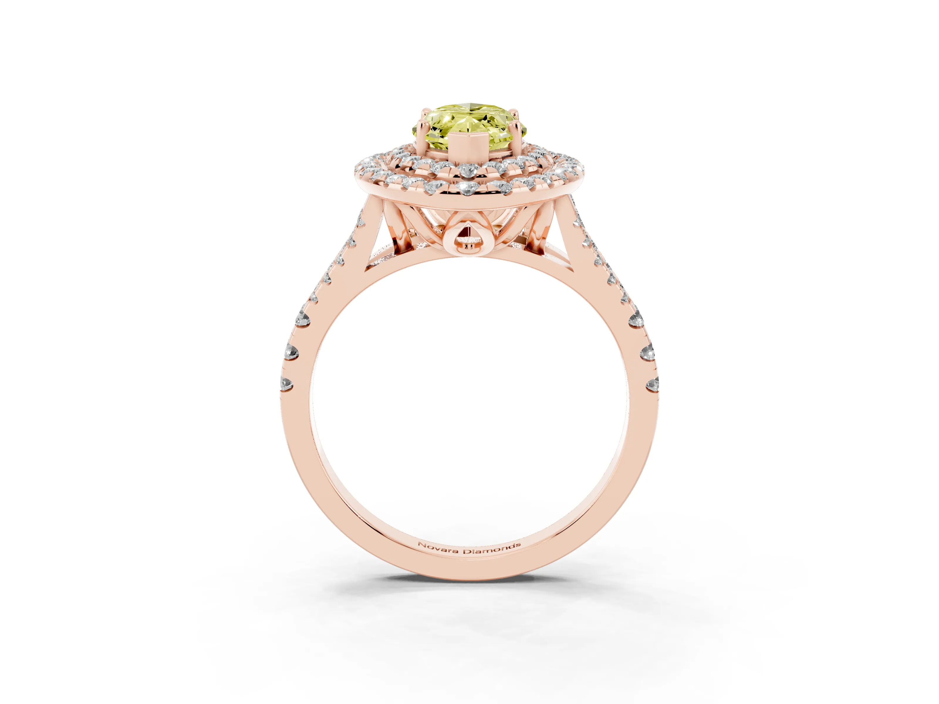 Fancy Yellow Marquise Cut Diamond Double Halo Ring Set in Rose gold with Pavé Split Shank and Prong Setting