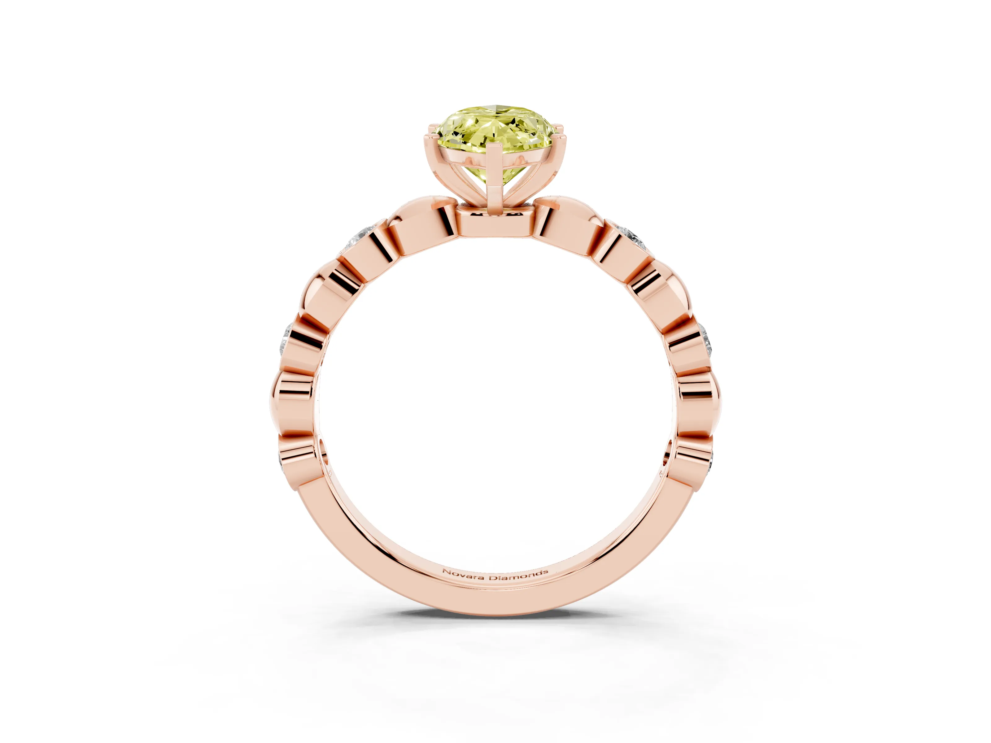 Fancy Yellow Marquise Cut Diamond Solitaire Ring Set in Rose gold with Bezel-Set Accents on Beaded Band and Prong Setting