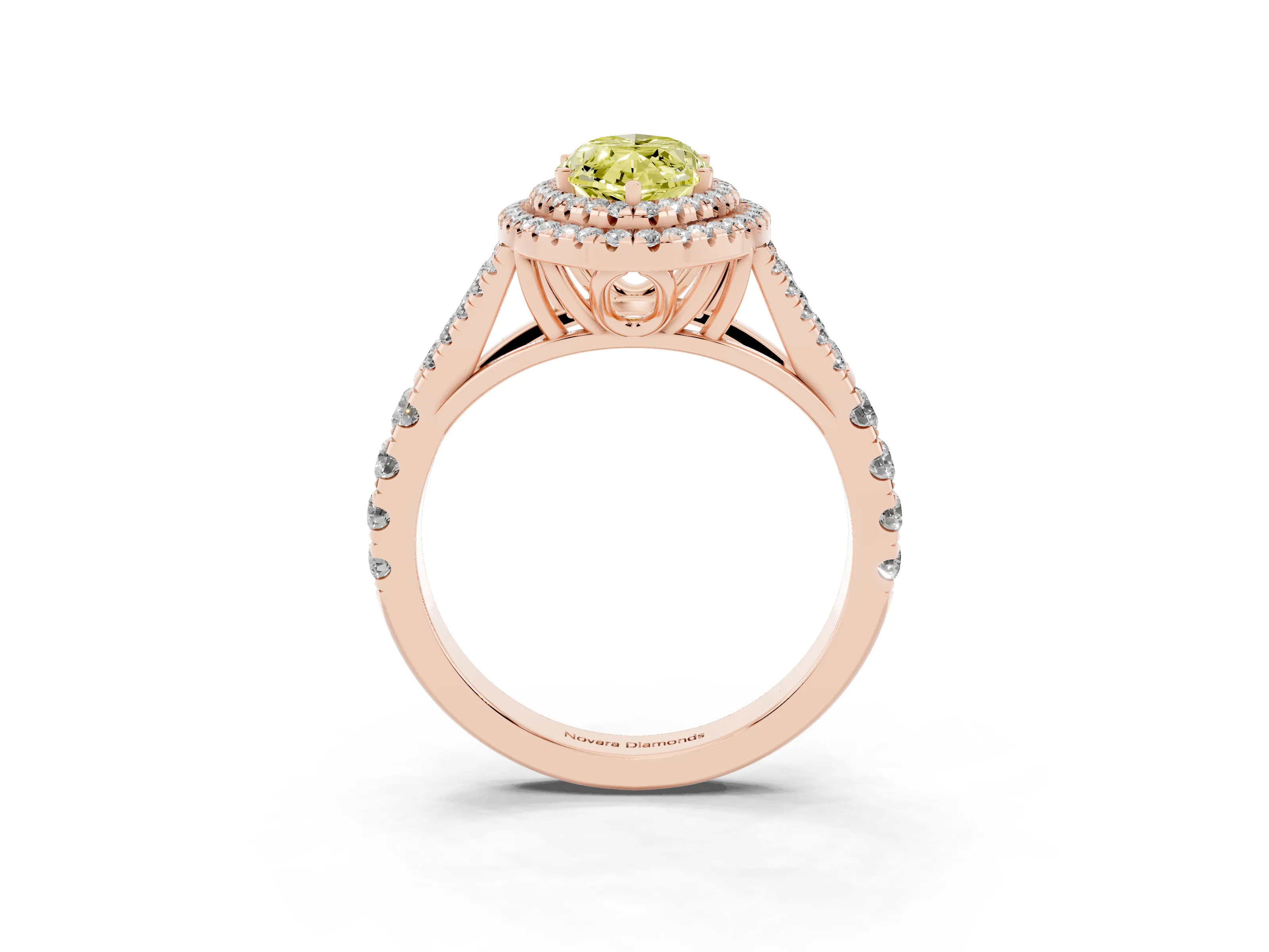 Fancy Yellow Marquise Cut Diamond Pavé Split Shank Double Halo Engagement Ring Set in Rose gold