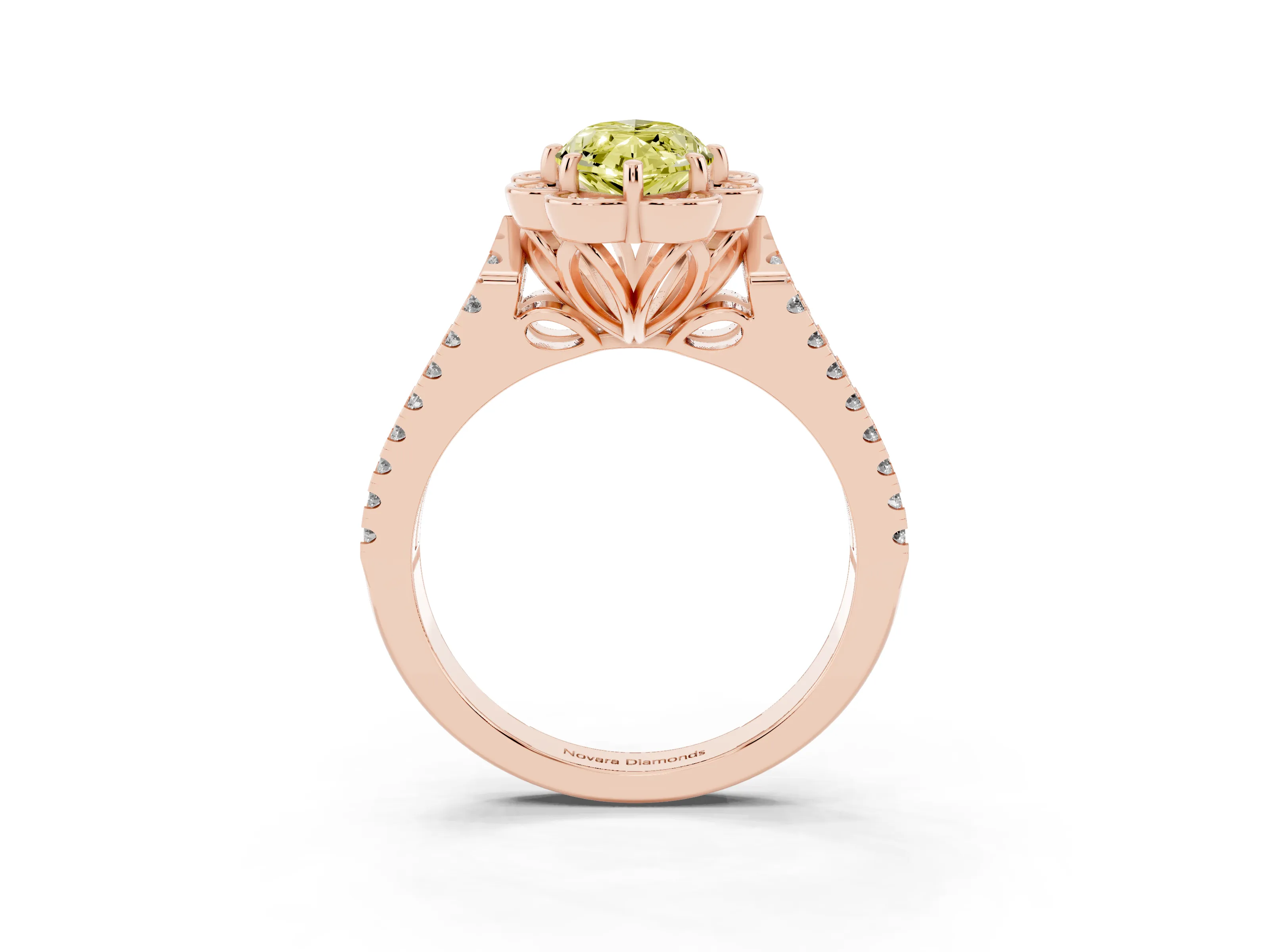 Fancy Yellow Marquise Cut Diamond Floral Halo Split Shank Engagement Ring Set in Rose gold with Pavé Shank