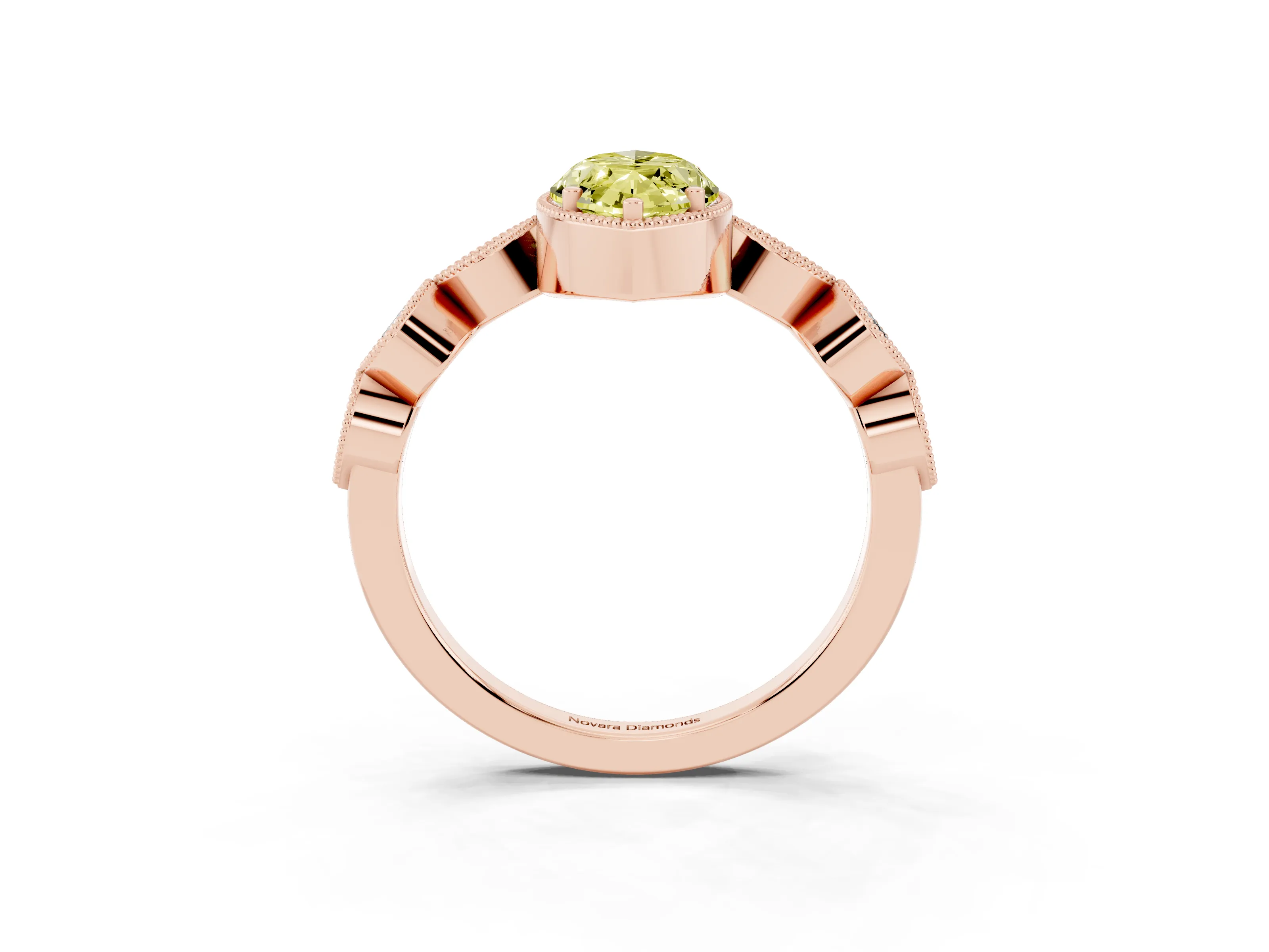 Fancy Yellow Marquise Cut Diamond Vintage-Inspired Milgrain Ring Set in Rose gold with Marquise Stations of Round Accents