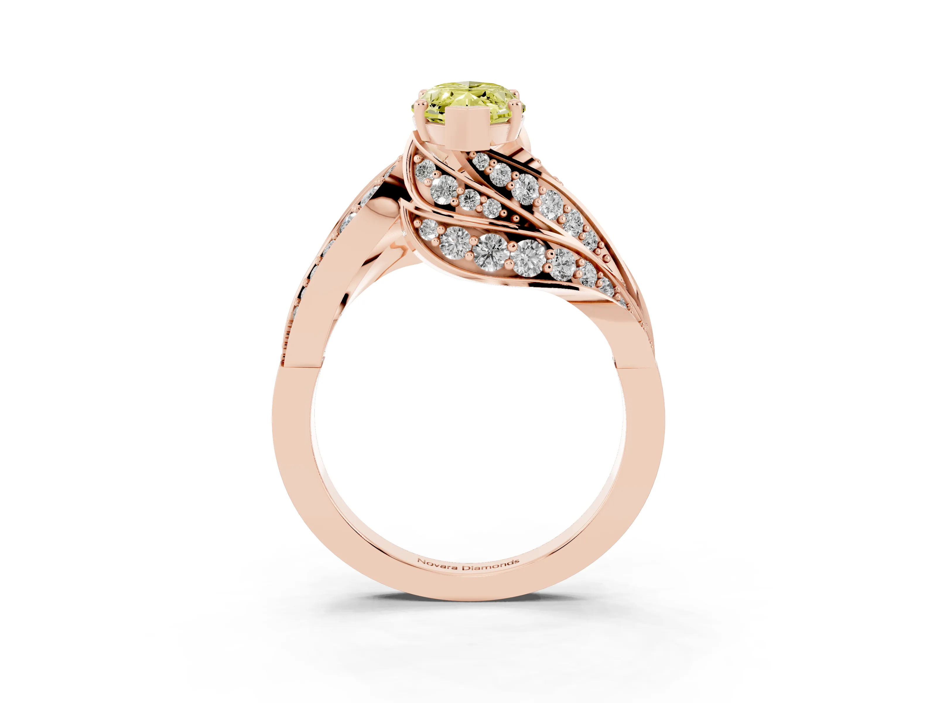 Fancy Yellow Marquise Cut Diamond Solitaire Ring Set in Rose gold with Layered Twist Pavé Band