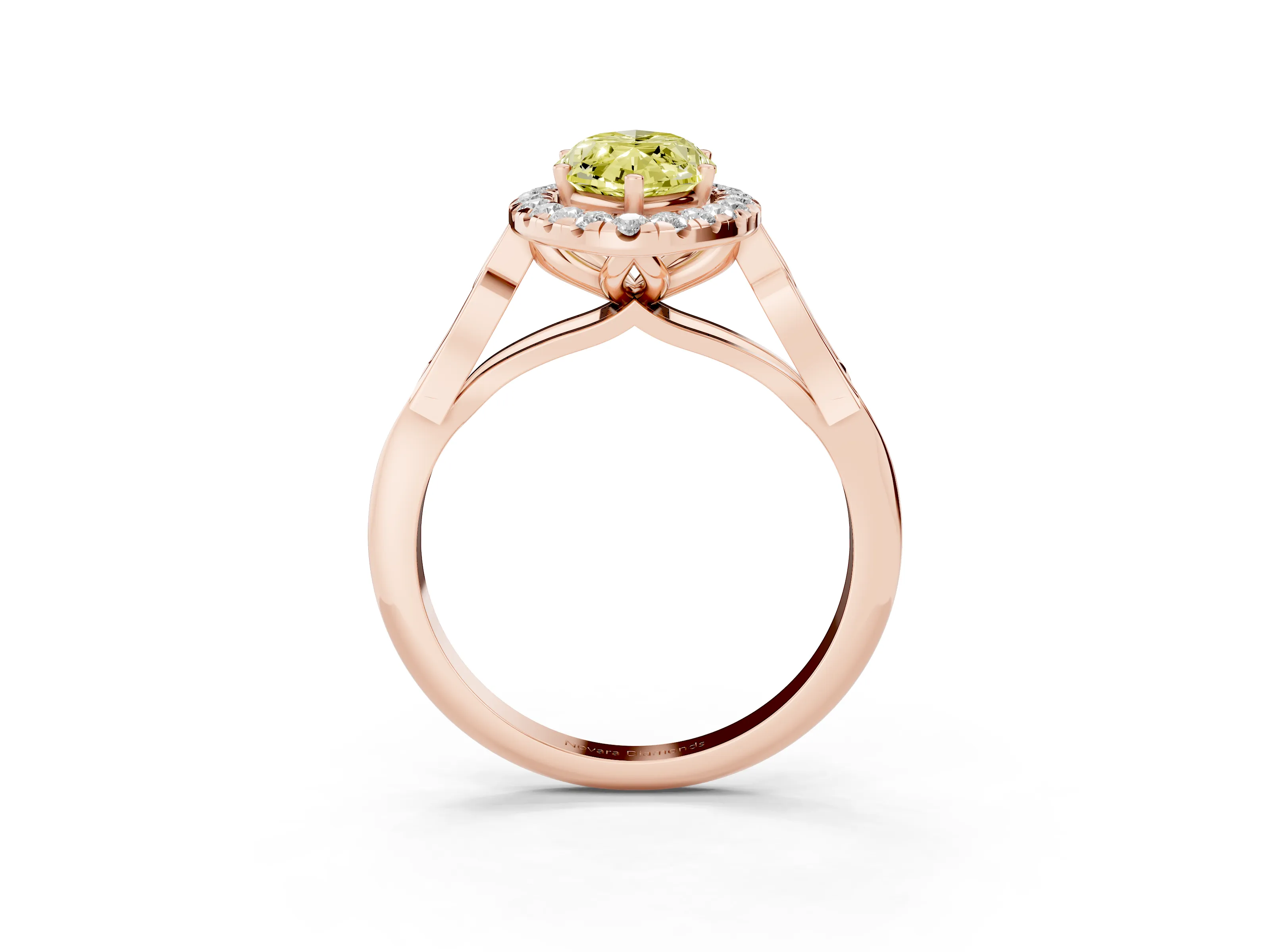 Fancy Yellow Marquise Cut Diamond Halo Engagement Ring Set in Rose gold with Filigree Band and Prong-Set Center